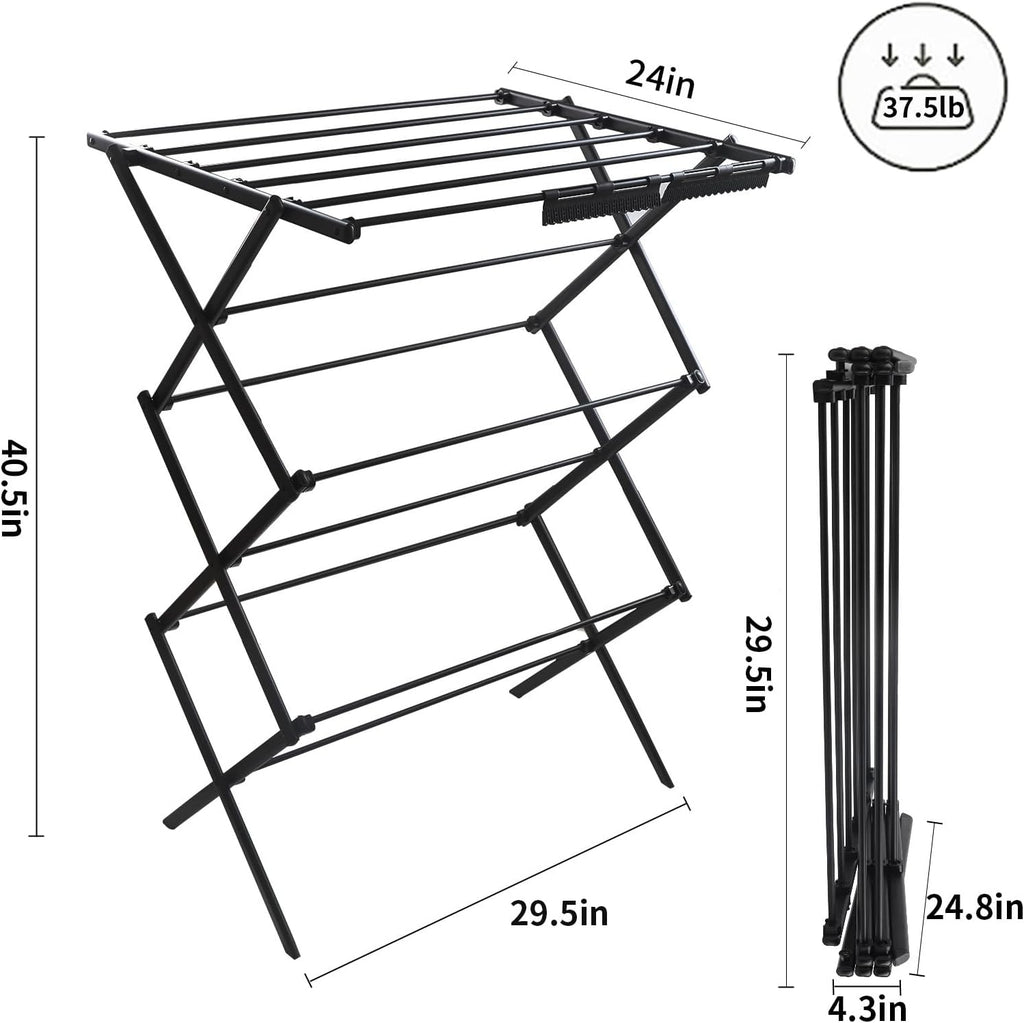 3 Tiers Foldable Clothes Drying Rack, Vertical Laundry Rack Portable and Collapsible for Storage Indoor Outdoor，Pure Black