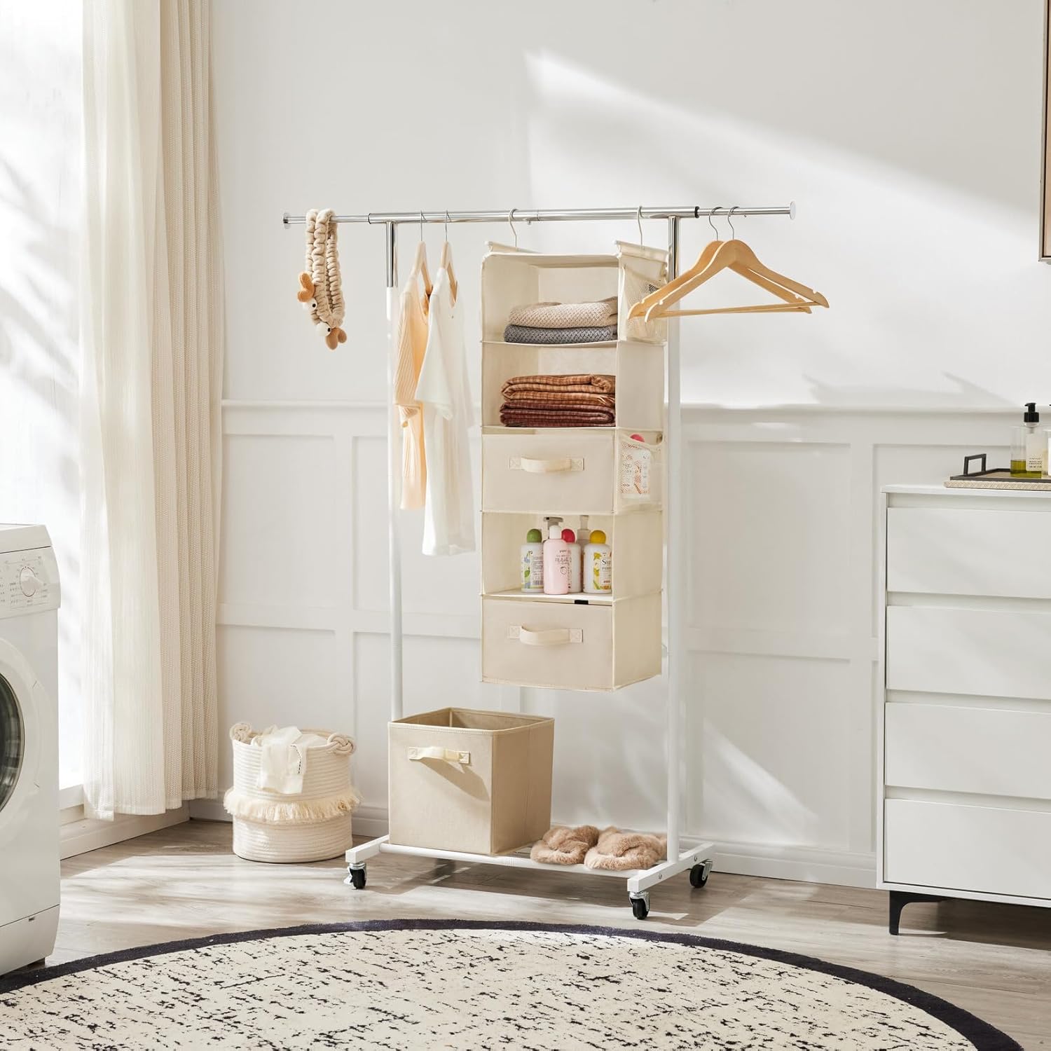 MAX Houser 5 Tier Shelf Hanging Closet Organizer, Cloth Hanging Shelf with 2 Sturdy Hooks for Storage, Foldable (Beige-D2)