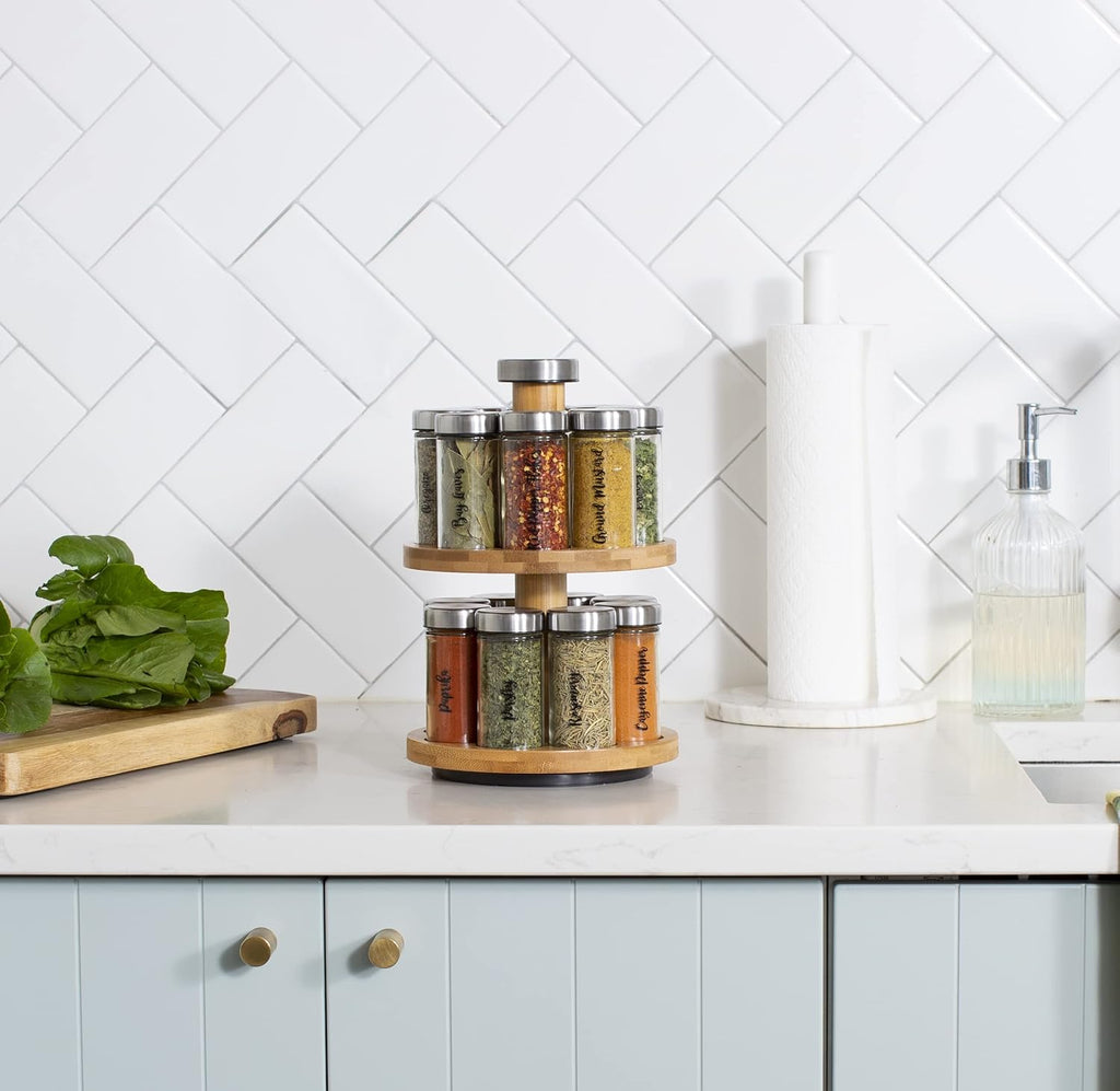 Orii 16 Jar Spice Rack with Spices Included - Rotating Countertop 2 Tier Tower Organizer for Kitchen Spices and Seasonings, (Bamboo Wood)