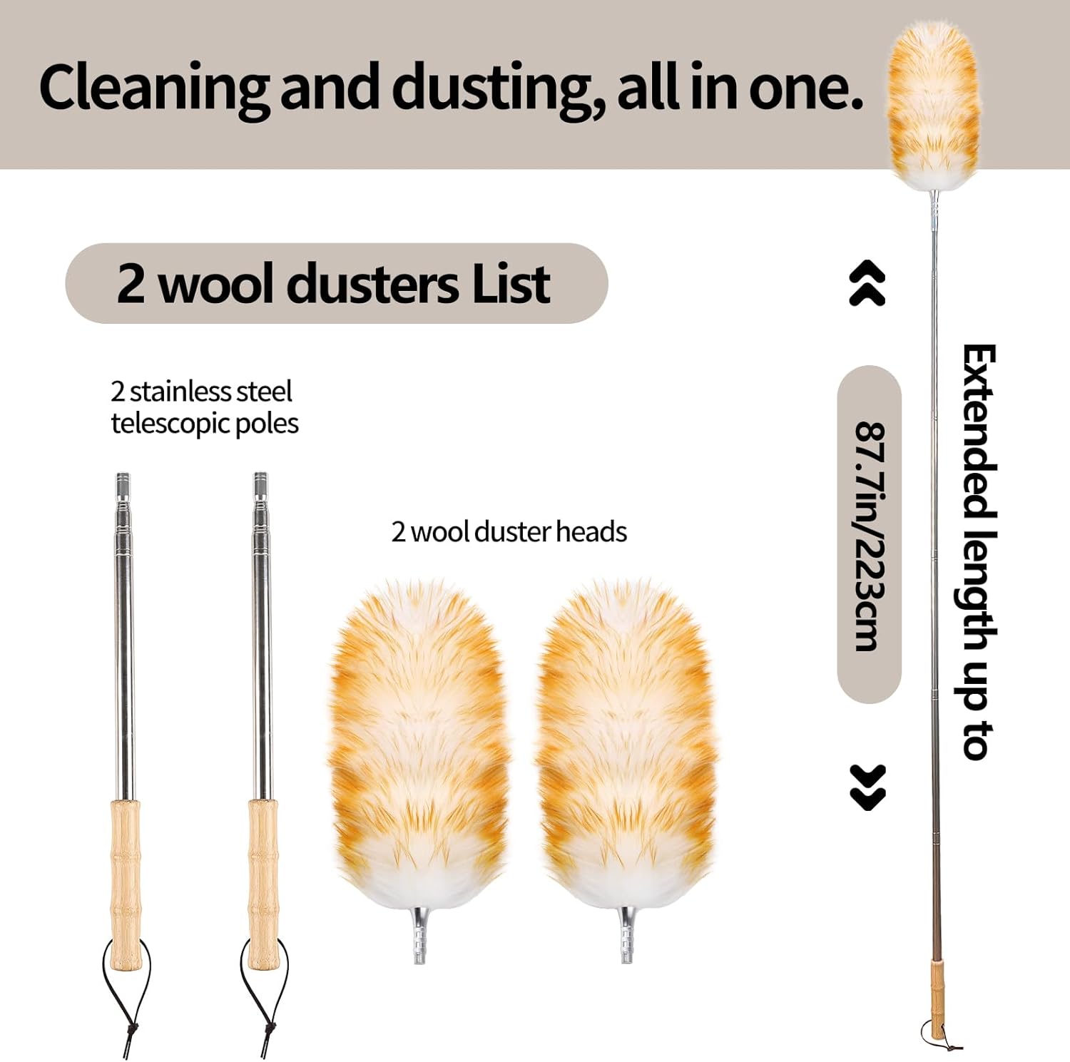 Lambswool Duster for Cleaning with Solid Wooden Handle Leather Hang Strap 87.8" Removable Retractable Feather Duster for Cleaning Ceiling Fans Window Blinds Interior Roof Furniture(2 Pack)