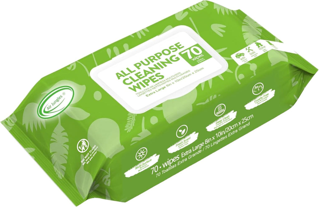 Air Jungles All Purpose Car and Home Cleaning Wipes 70 Count, Extra Large 8" x 10" Heavy Duty for Car Interior Vinyl, Kitchen, Bathroom, Furniture, Tool