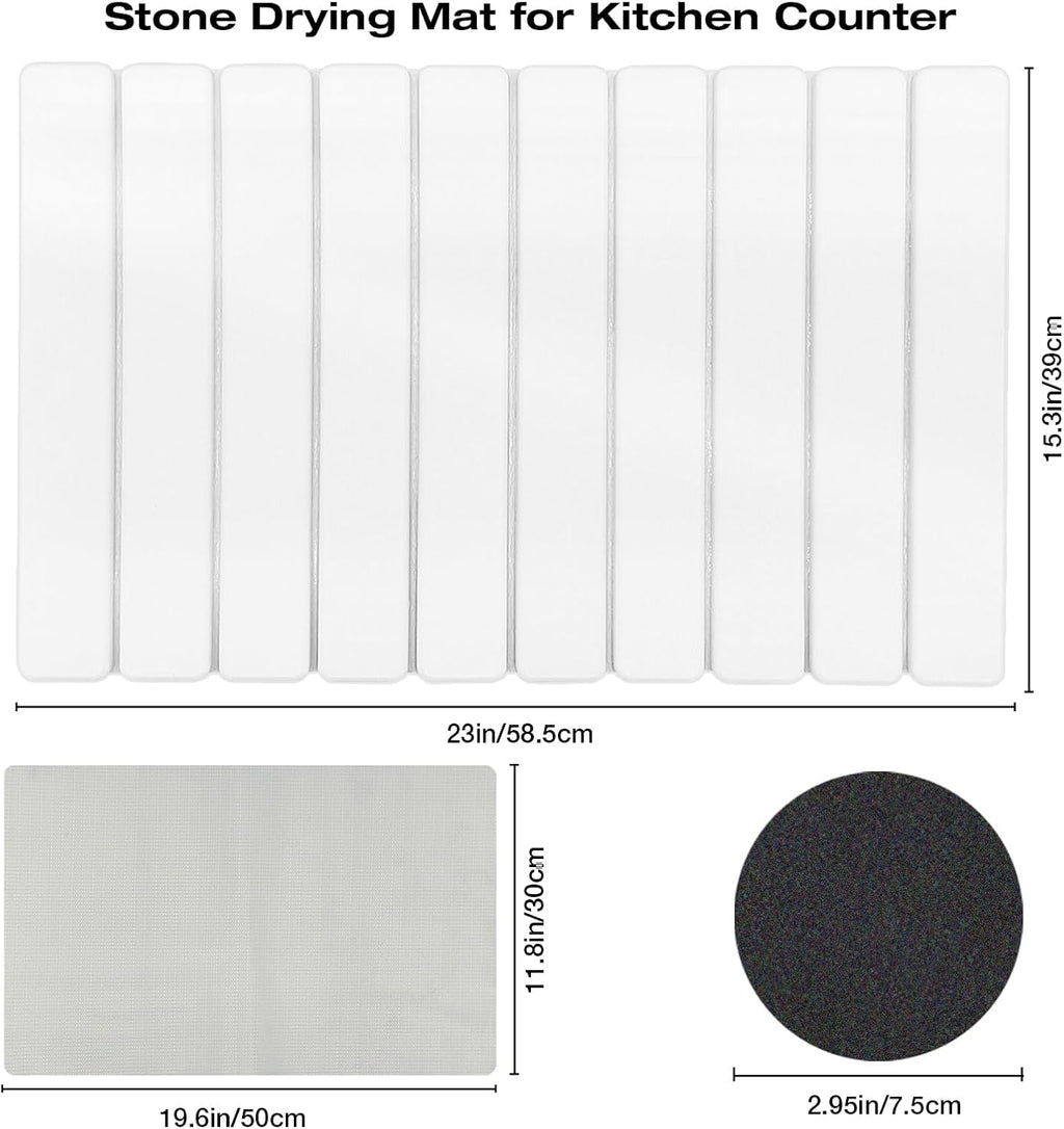 Diatomaceous Earth Stone Dish Drying Mat for Kitchen Counter – 24”x16”, Non-Slip Quick-Dry Surface, Sleek Foldable Design & Collapsible Storage, White