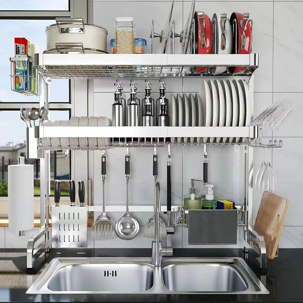 Over The Sink Dish Drainer Drying Rack, Full Stainless Steel 3-Tier Adjustable Length Over Sink Dish Drying Rack, Large Capacity Dish Rack Over Sink for Kitchen Counter, Pots & Pans Rack