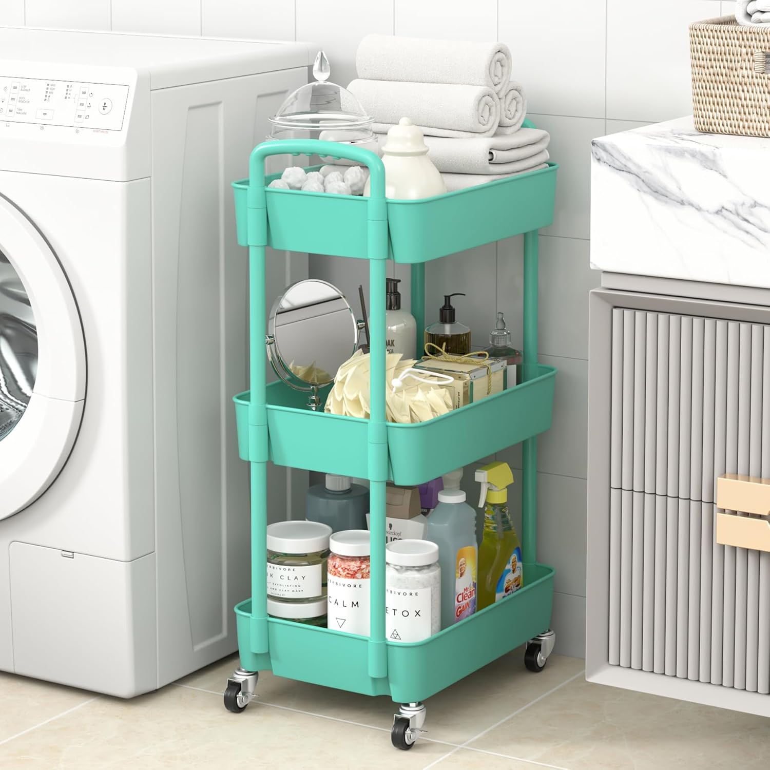 Sywhitta 3-Tier Plastic Rolling Utility Cart with Handle, Multi-Functional Storage Trolley for Office, Living Room, Kitchen, Movable Storage Organizer with Wheels, Green