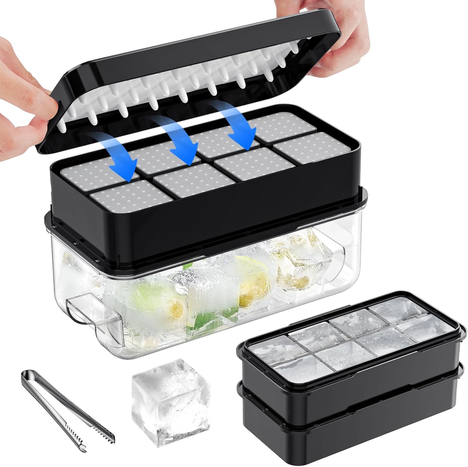 PHINOX Large Ice Cube Tray with Lid and Bin, Ice Trays for Freezer, 2 INCH Whiskey Ice Cubes Mold, 2*8 pcs Square Ice Cube Mold with Tong, Easy to Release, Large Ice Tray for Whiskey Cocktail Bourbon