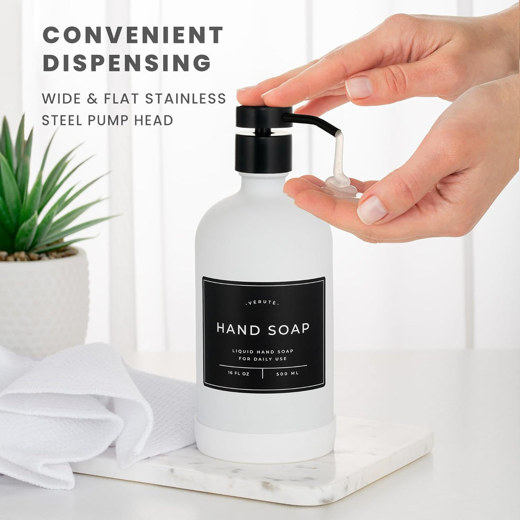 16oz Glass Soap Dispenser with Stainless Steel Pump, 21 Waterproof Labels, Non-Slip Protective Silicone Pad, Set of 2 for Bathroom & Kitchen (Matte White Bottle/Black Pump)
