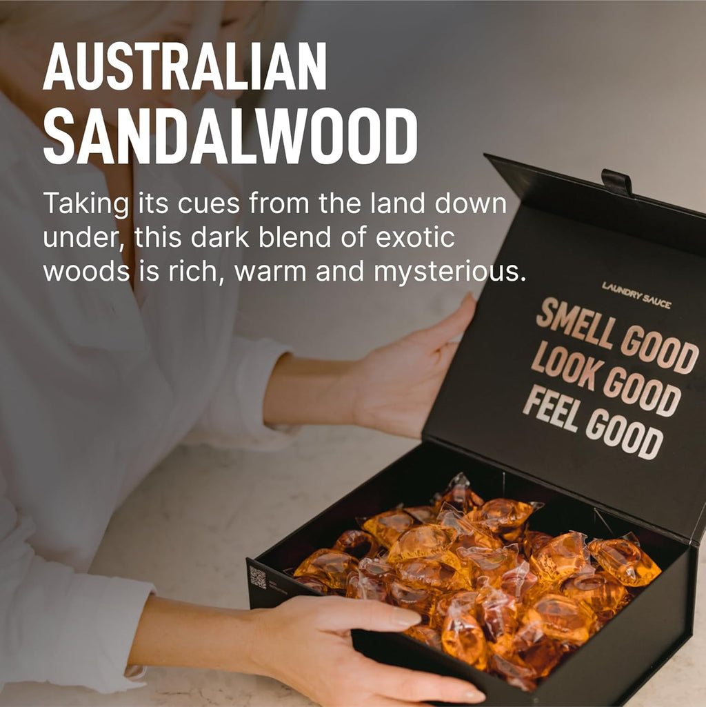 Laundry Sauce - Luxury Scented Laundry Detergent Pods & Scent Booster Bundle (Australian Sandalwood), Premium Laundry Washing Pods with High-End, Sophisticated Fragrances, Dye Free & HE Compatible