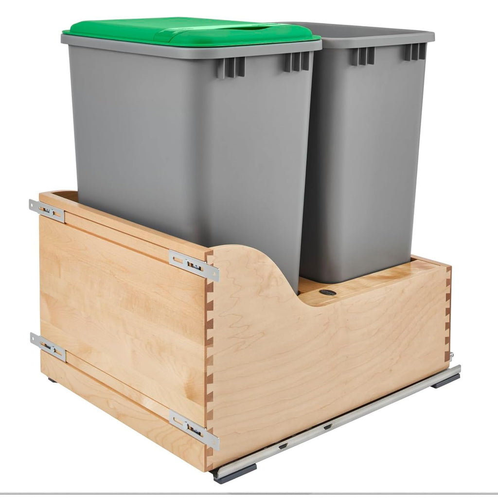 Rev-A-Shelf Pullout Trash Cans for Kitchen Cabinet, Dual 50 Qt Bins with 18" Wood Frame - Large Garbage Bin Containers for Home Waste Storage and Recycling