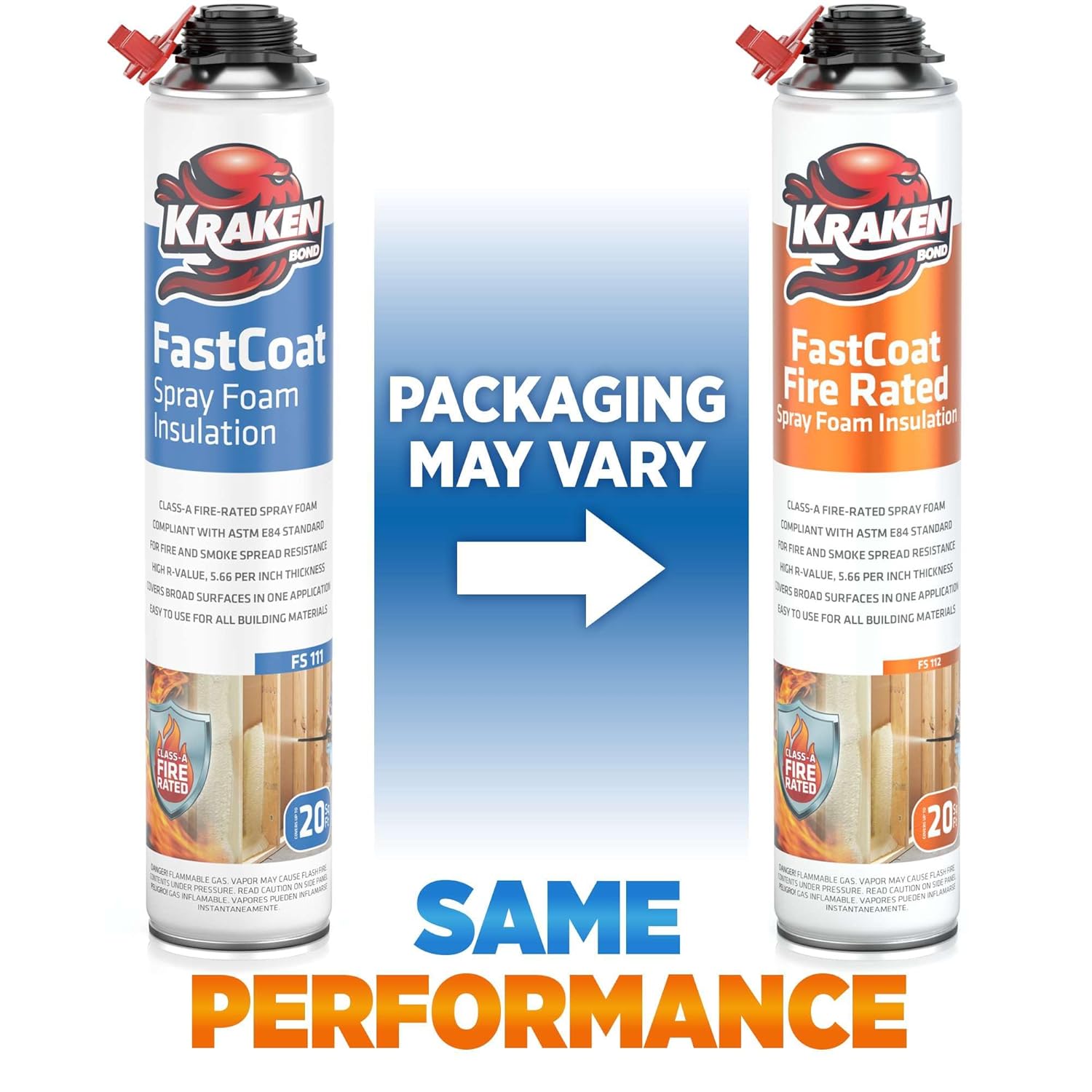 Kraken Bond Fastcoat Fire Rated Spray Foam Insulation Kit Closed Cell in a Can 120 sq ft (6x27.1 oz.) (R-Value 11.32 / 2in) - Spray Foam for Garage Door, Attic, Wall Gun & Cleaner Not Included, 6 Pack