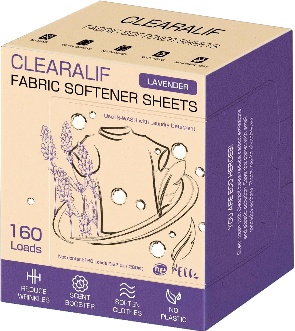 CLEARALIF laundry Fabric Softener Sheets, Lavender Scent, 160 Loads, Eco Friendly, Great For Travel, Apartments, Dorms.
