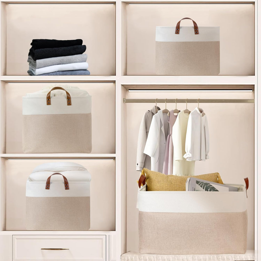 DULLEMELO 70L Extra Large Storage Bin, 22" x 15" x 13" Oversized Storage Basket, Collapsible Storage Box, Fabric Clothes Toys Blanket Basket for Shelves, Laundry, Nursery (White&Khaki)