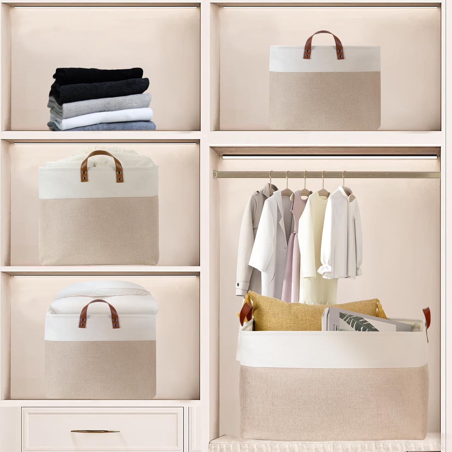 DULLEMELO 70L Extra Large Storage Bin, 22" x 15" x 13" Oversized Storage Basket, Collapsible Storage Box, Fabric Clothes Toys Blanket Basket for Shelves, Laundry, Nursery (White&Khaki)