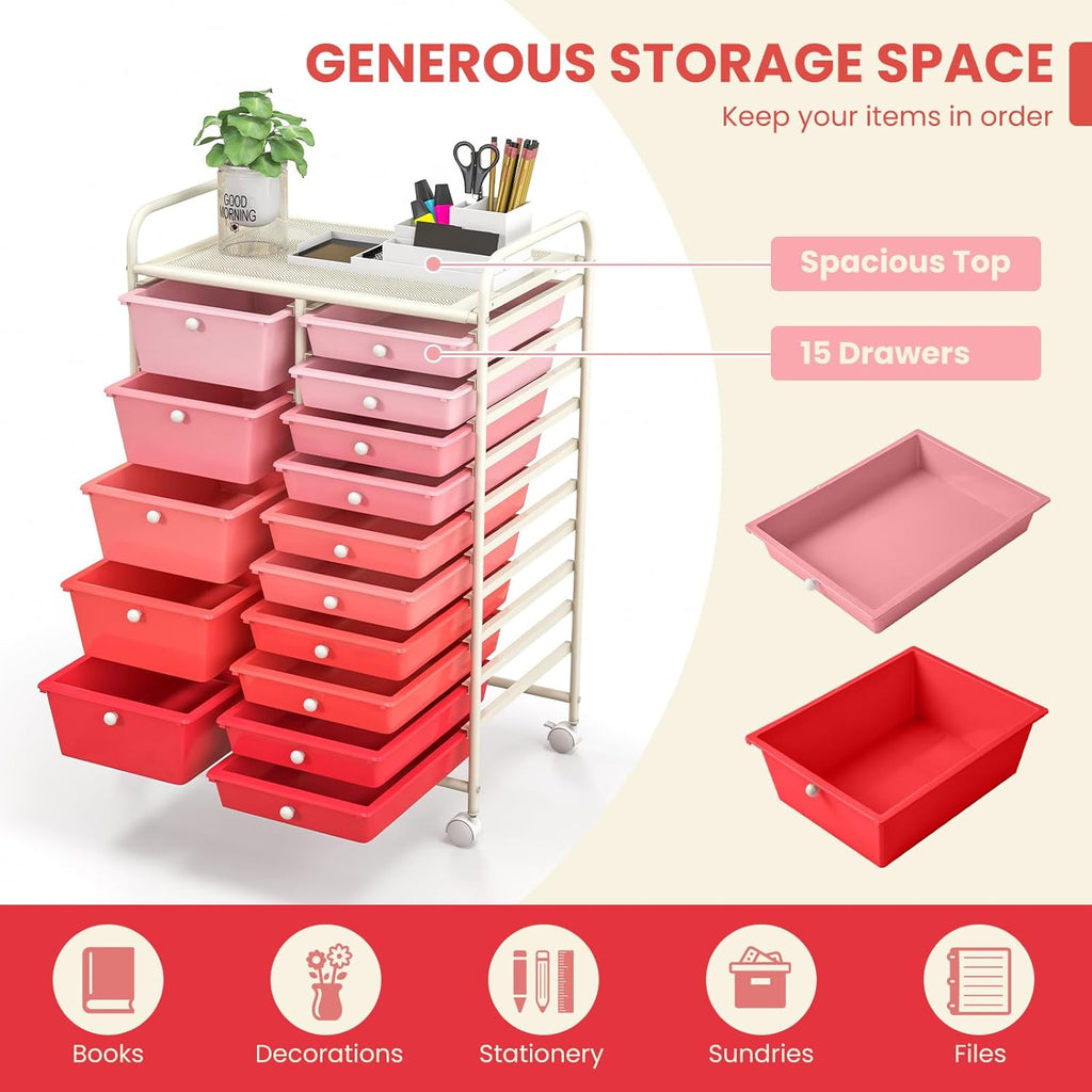 GOFLAME 15-Drawer Rolling Storage Cart, Multipurpose Movable Organizer Cart, Utility Cart for Home, Office, School, Pink