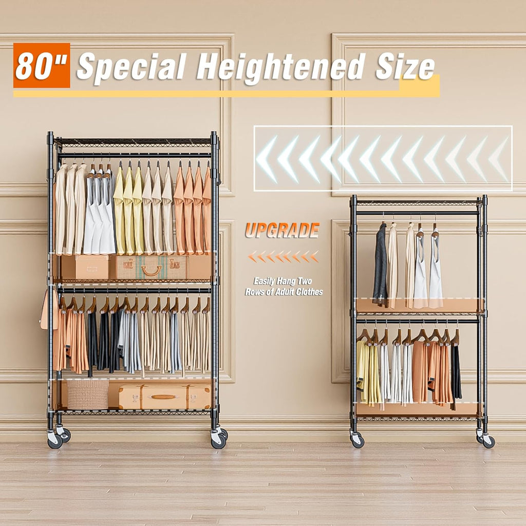 Homdox Heavy Duty Clothing Rack with 3 Tier Adjustable Wire Shelves, Garment Racks for Hanging Clothes, Double Rods Clothing Rack, Freestanding Closet Wardrobe with Side Hooks, Black