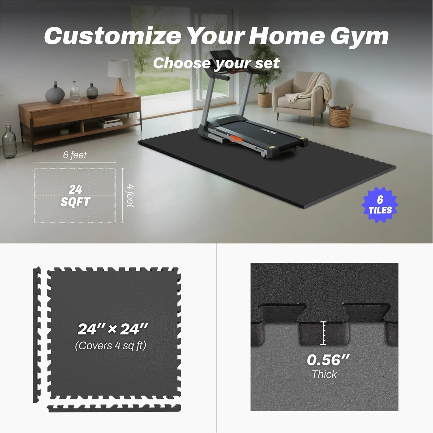 AIRHOP 0.56in Thick 24 Sq Ft Exercise Equipment Mats, 6 Tiles Upgraded Rubber Top with High Density EVA Foam, Large Interlocking Puzzle Gym Flooring for Home Gym, Heavy Weight Workout,Black