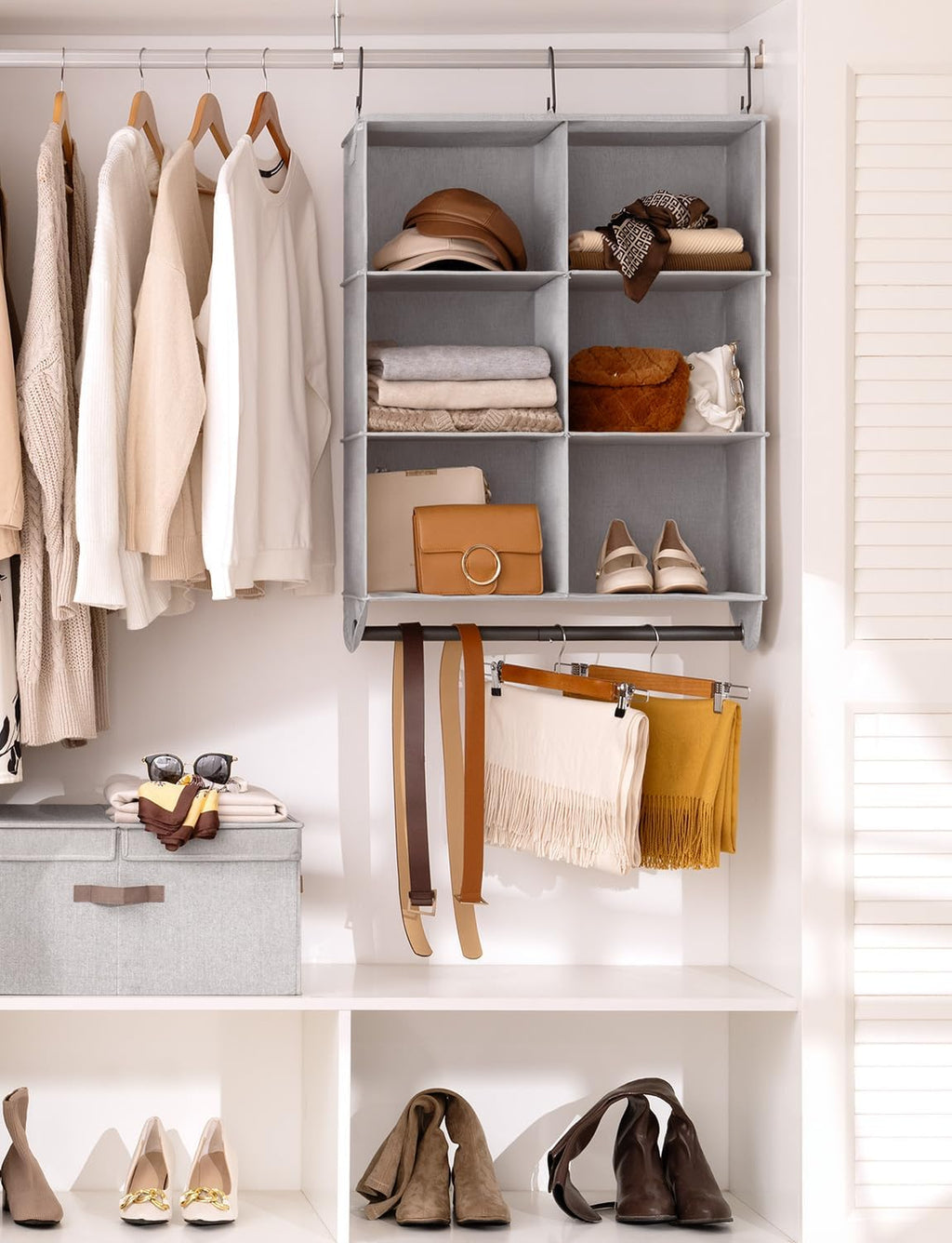 StorageWorks Hanging Closet Organizer with Metal Rod, 6-Section Closet Organizers and Storage, Collapsible Hanging Shelves for Closet, Bedroom, Kids Dorm Room, RV Camper, Grey and White
