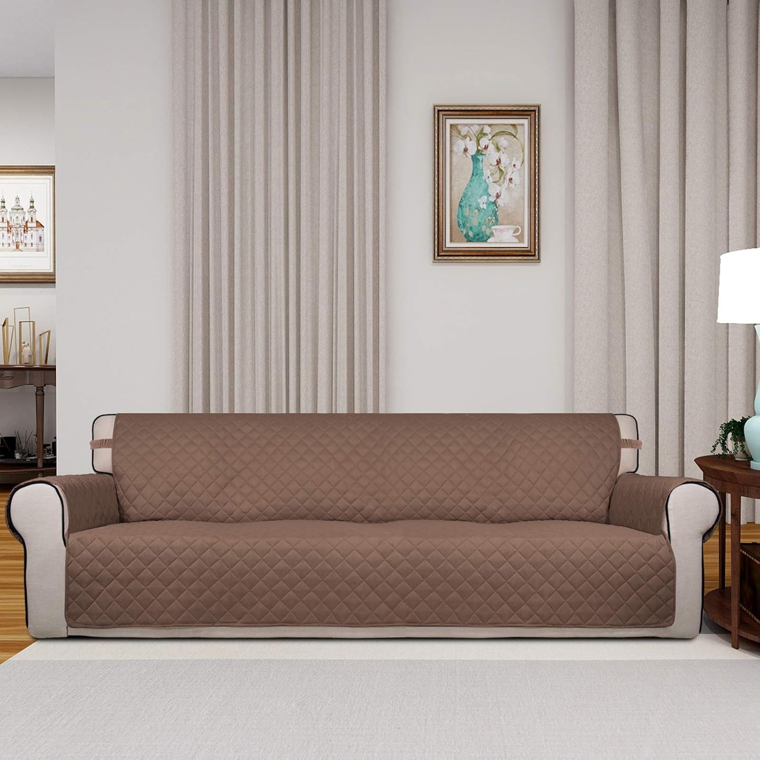 PureFit Reversible Quilted Sofa Cover, Water Resistant Slipcover Furniture Protector, Washable Couch Cover with Non Slip and Elastic Straps for Kids, Dogs, Pets (XX Large, Brown/Beige)
