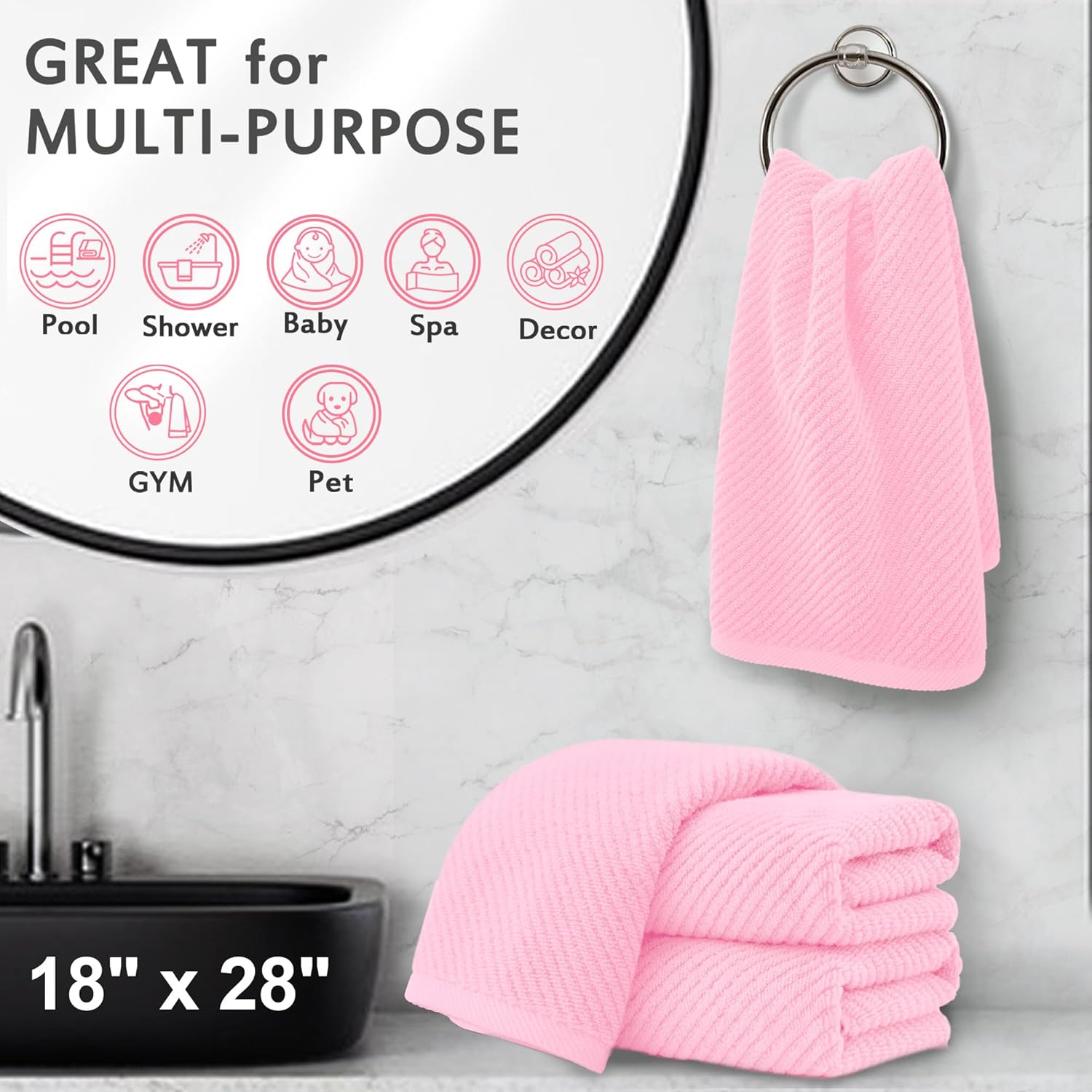 VOOVA & MOVAS Pink Bathroom Hand Towels Set of 4, Large 18" x 28" - 100% Cotton | Quick Dry | Light Weight | Thick | Soft | Absorption, Luxury Hand Towels for Showering, Bathroom Essentials Set