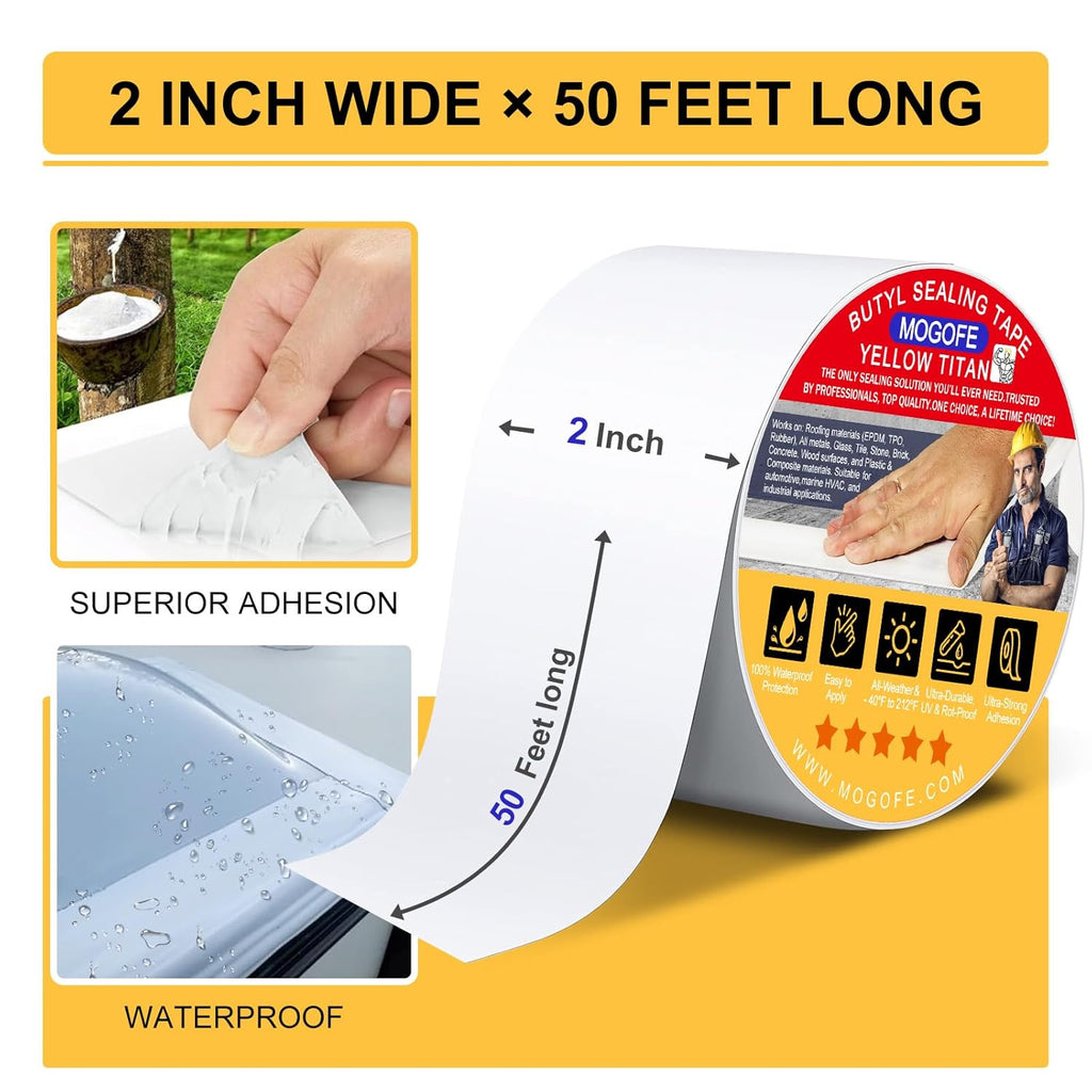RV Roof Sealant Tape White, 2 Inch x 50 Feet RV Repair Roof Sealer Seal Tape UV-Resistant Waterproof Sealant Tape for RV Repair, Camper, Trailer, Boat Sealing, Leaking Roof, Window