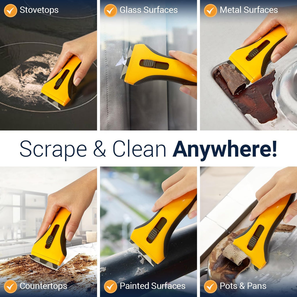 Razor Blade Scraper Tool With 15 Extra Blades - Razor Scraper Tool for Glass, Stove Top Scraper, Scraper Tool for Kitchen, Paint, Glass, Window, Cleaning