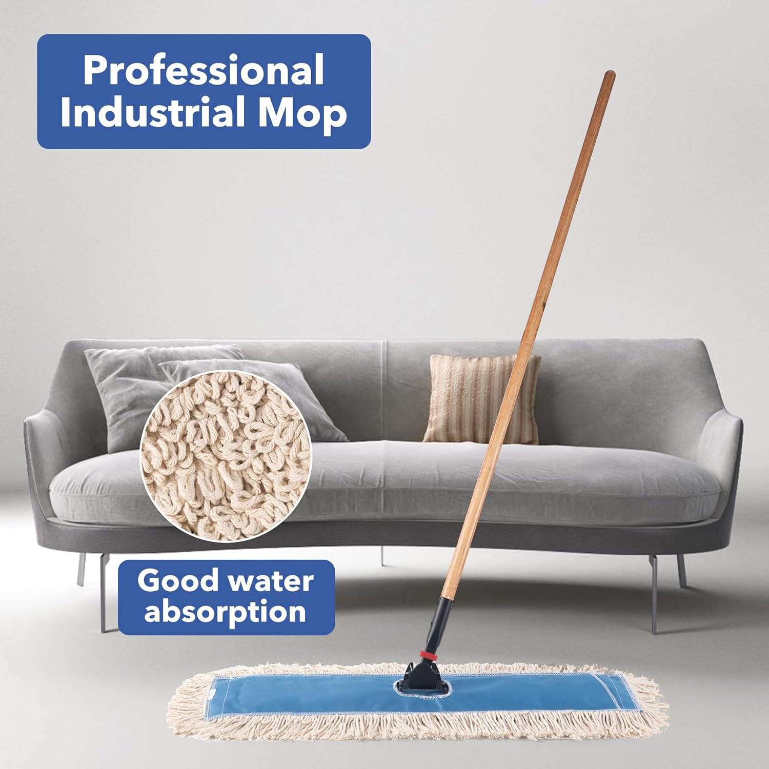 Matthew Cleaning 36'' Industrial Strength Cotton Dust Mop Refill Washable Replacement Heads for Residential & Commercial Use Fit Standard Dust Mop Frames, Hardwood, Concrete Floors Blue&White 3 Pack