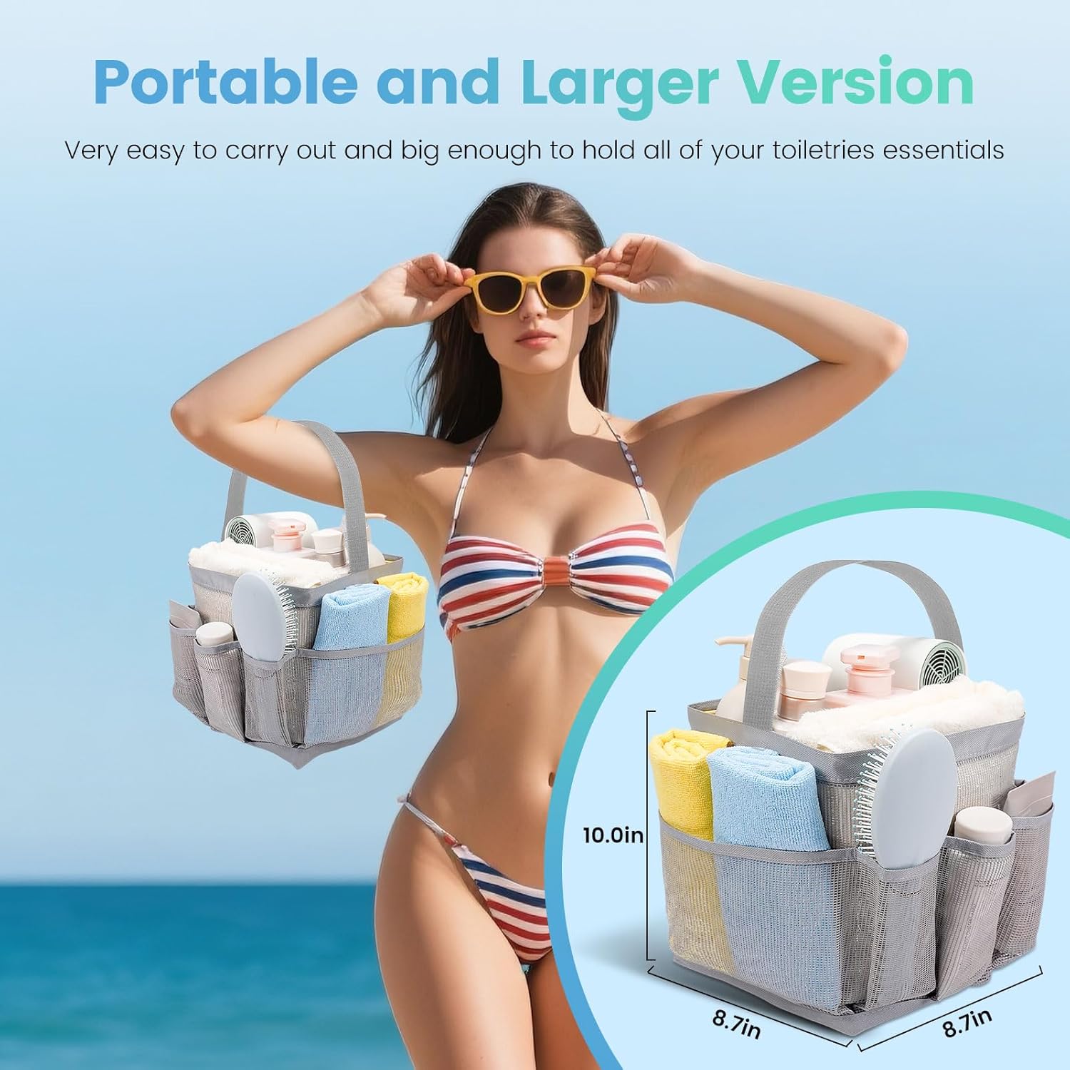 Shower Caddy for College Dorm Room Essentials for Girls with 9 Pockets,Large-Capacity Shower Basket,Quick Dry Toiletry Tote Bag for Outdoor Gym,Travel,Swim,Beach Camping Essentials-Black and Grey