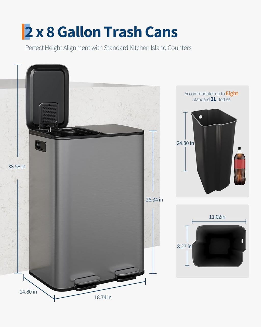 GarveeHome 2 x 8 gal Stainless Steel Double Trash Can with Lid for Kitchen, Large Dual Trash and Recycle Bin Combo, Step-on Kitchen Metal Garbage Cans, PP Inner Buckets, Liner Rim, Matte Grey