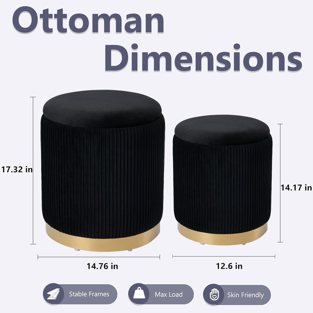 Royal Windsor Round Ottoman with Storage Set of 2, Vanity Stool with Storage for Bedroom, Ottoman Coffee Table Gold-Tone Ring Around The Base, Small Velvet Foot Stool for Living Room, Black