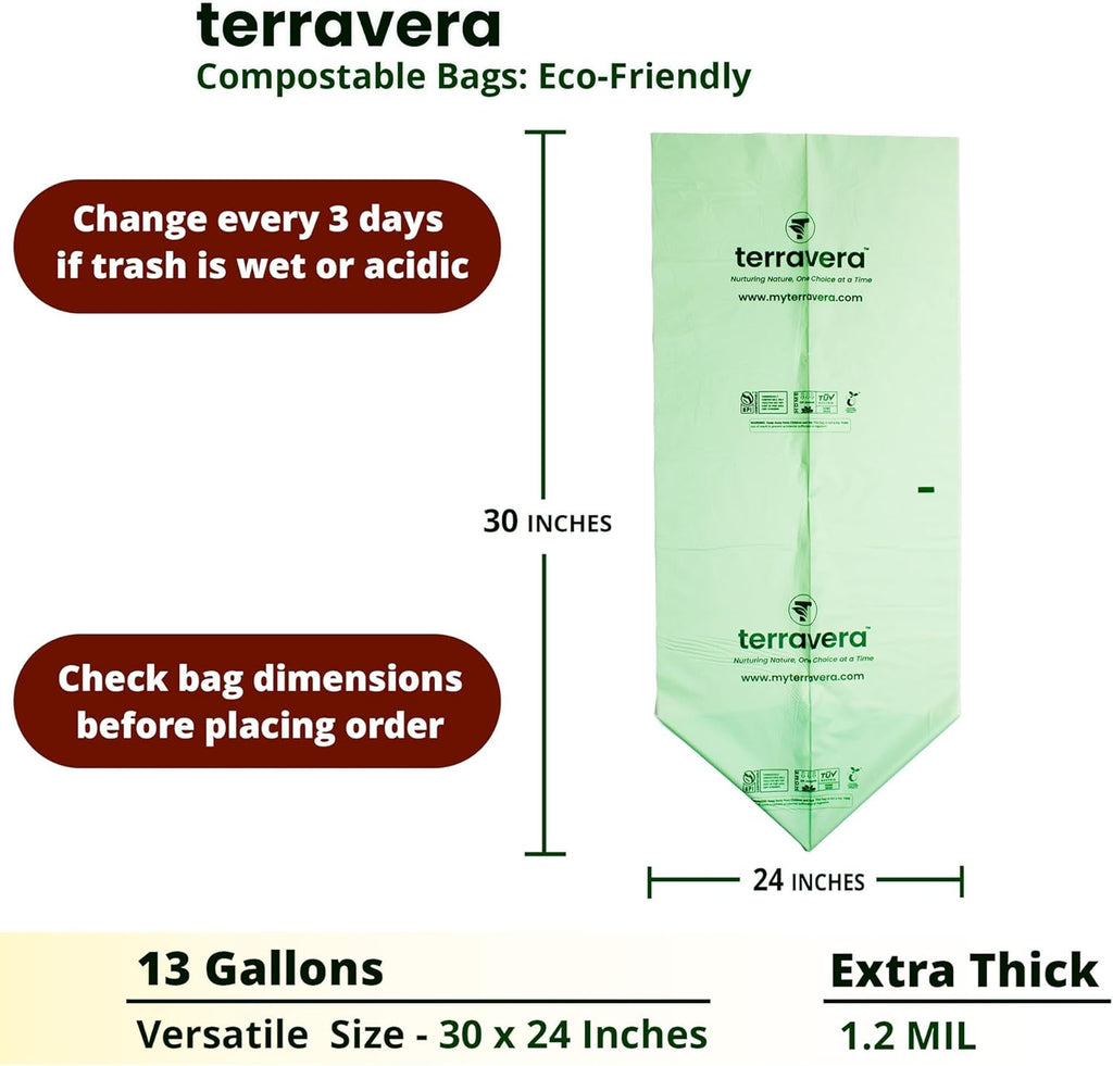 Compostable Trash Bags Bin Liners | BPI & OK Home Certified ASTM D6400 Standards | Heavy Duty Kitchen & Yard Waste Bags (13 Gallon Flat Top, 50 Count)