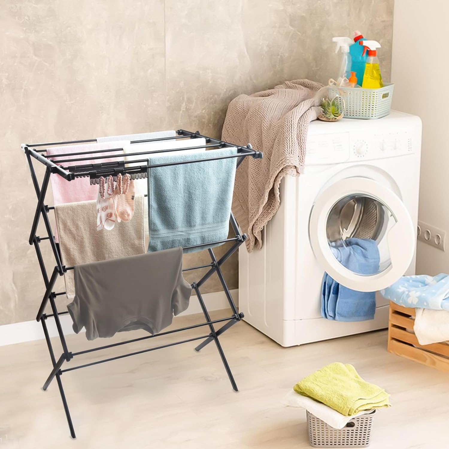 3 Tiers Foldable Clothes Drying Rack, Vertical Laundry Rack Portable and Collapsible for Storage Indoor Outdoor，Pure Black