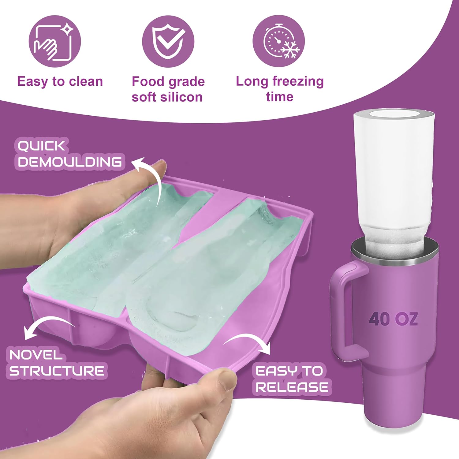 Ice Cube Tray for Tumbler, 1 Pcs Silicone Hollow Cylinder Ice Mold for Freezer, Ice Drink, Juice, Cocktail, Compatible with 40Oz Tumbler (PURPLE)