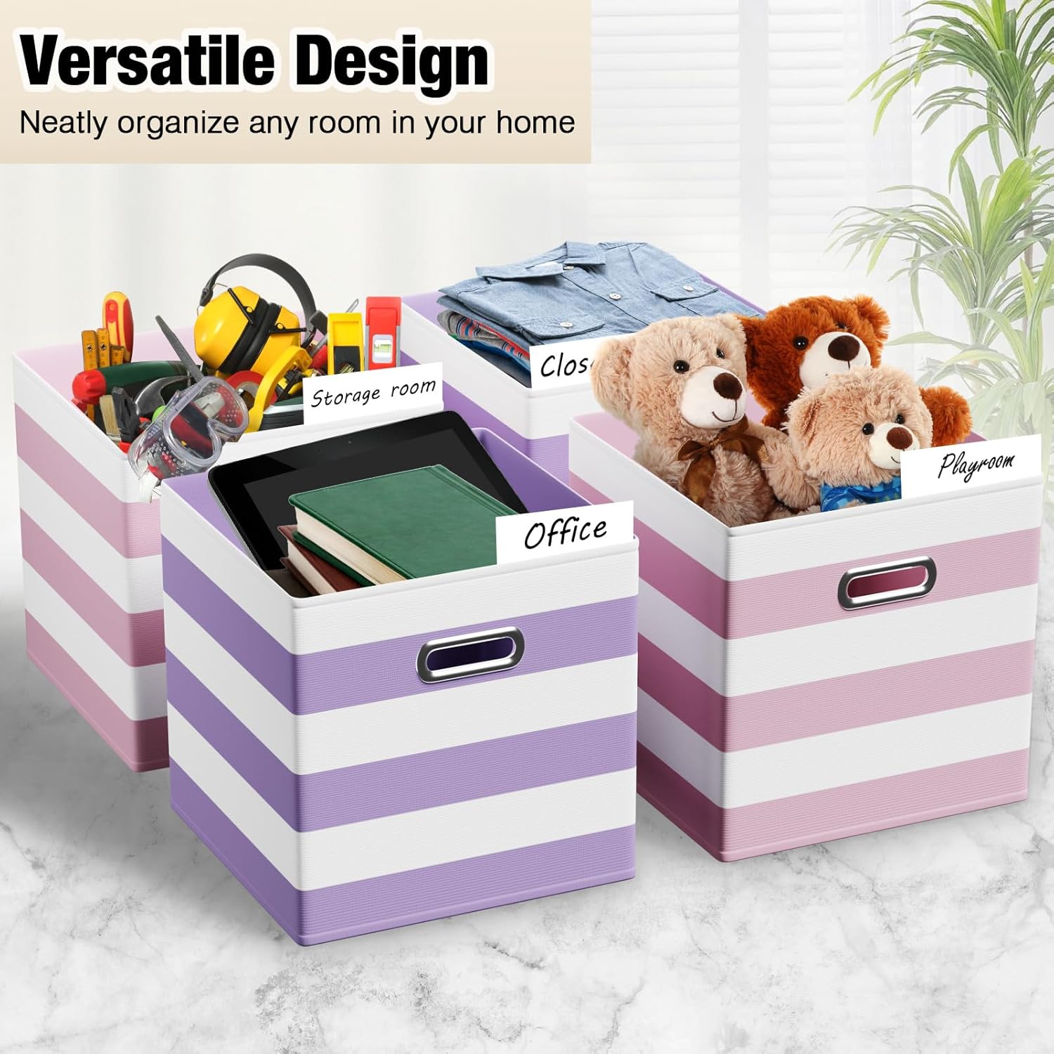 6 Pcs Fabric Storage Cubes with Metal Handle Back to School Classroom Supplies 11 Inch Macaron Colored Striped Style Collapsible Bins Organizer for School Nursery(Purple, Pink)