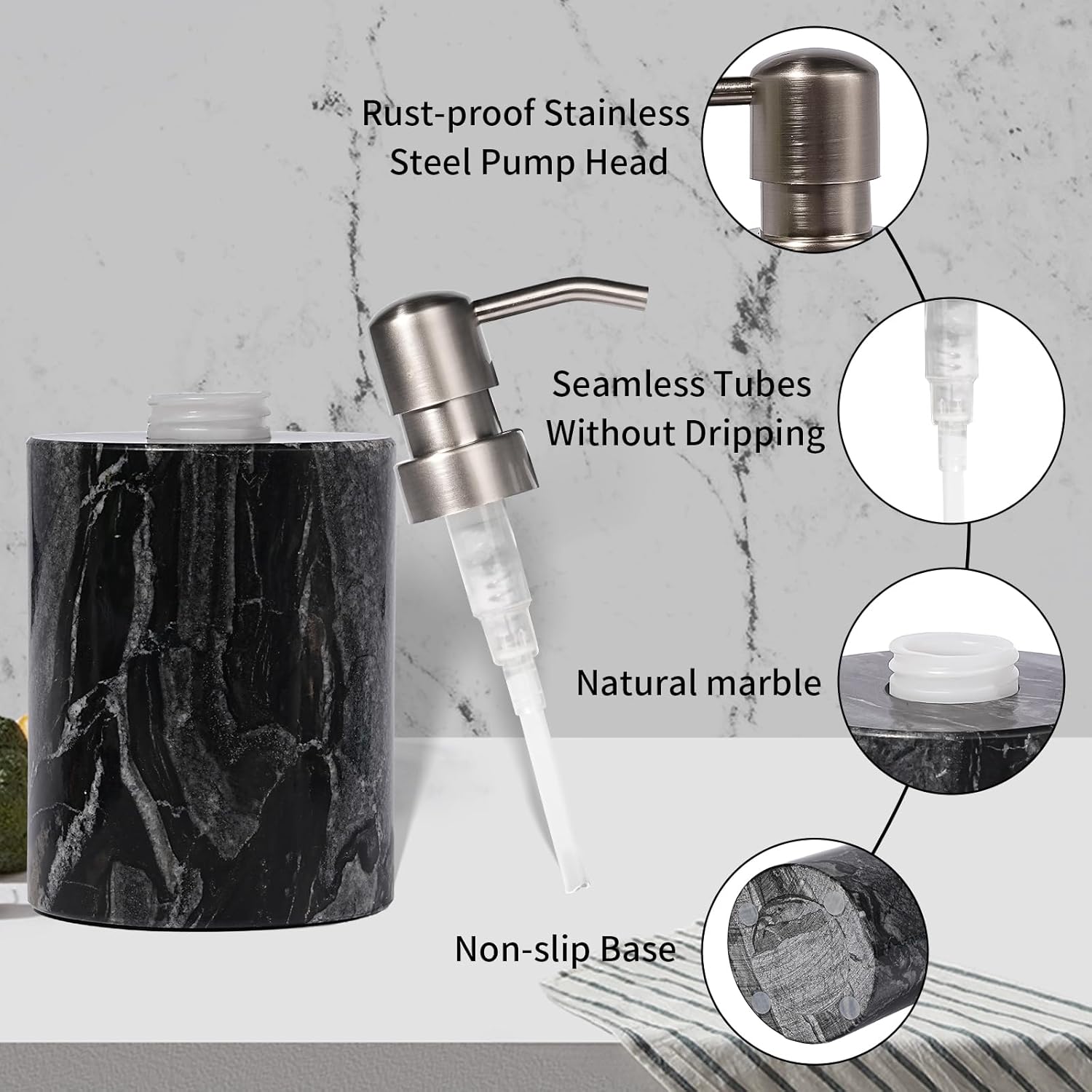 Marble Soap Dispenser with Stainless Steel Pump, Black Hand Liquid Soap Dispenser, 6 Ounces for Bathroom