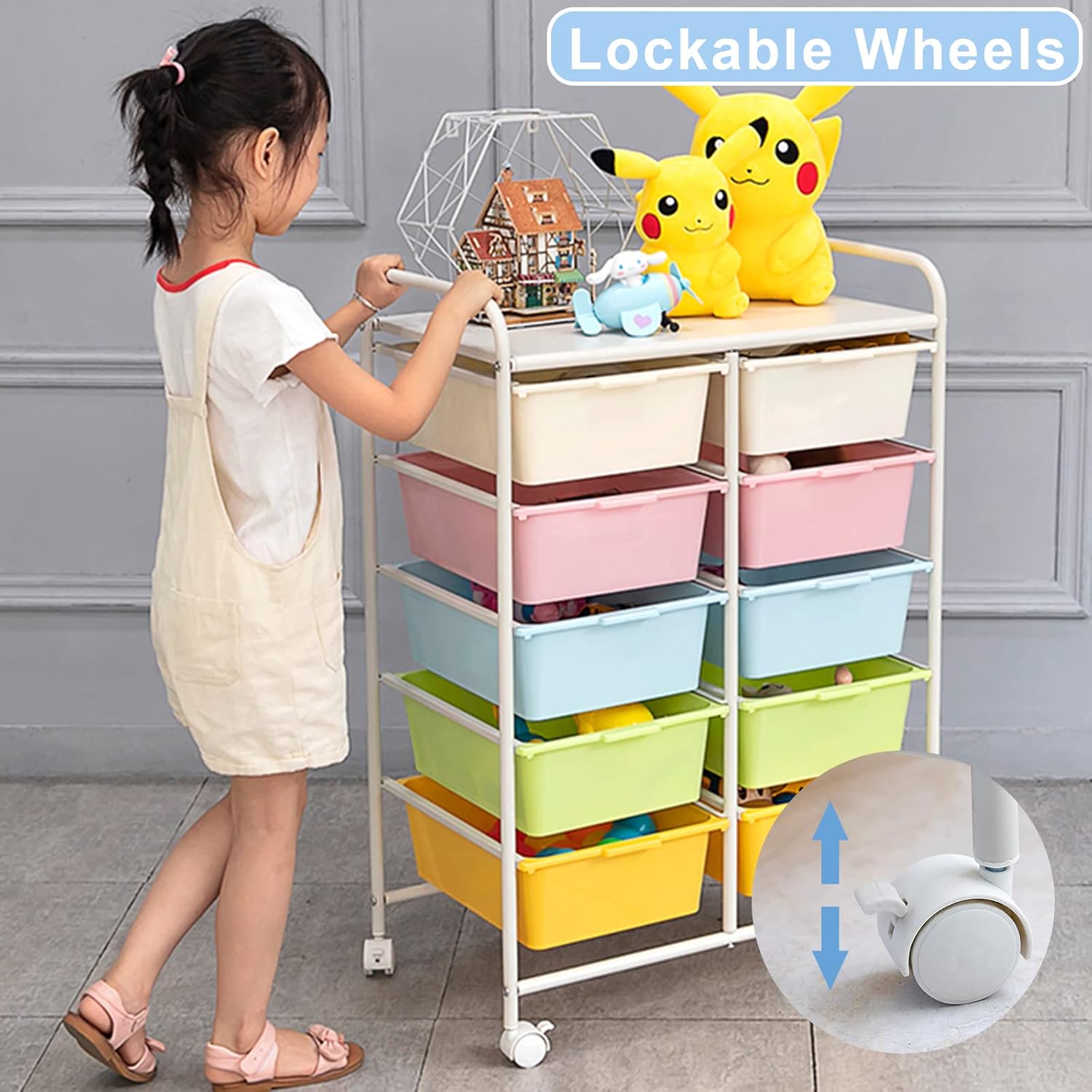 10 Drawers Rolling Storage Cart, Plastic Drawer Cart with Metal Frame, Multipurpose Art Craft Cart Organizer with Wheels, Utility Cart with Drawers for Home, Office, School, Multicolor