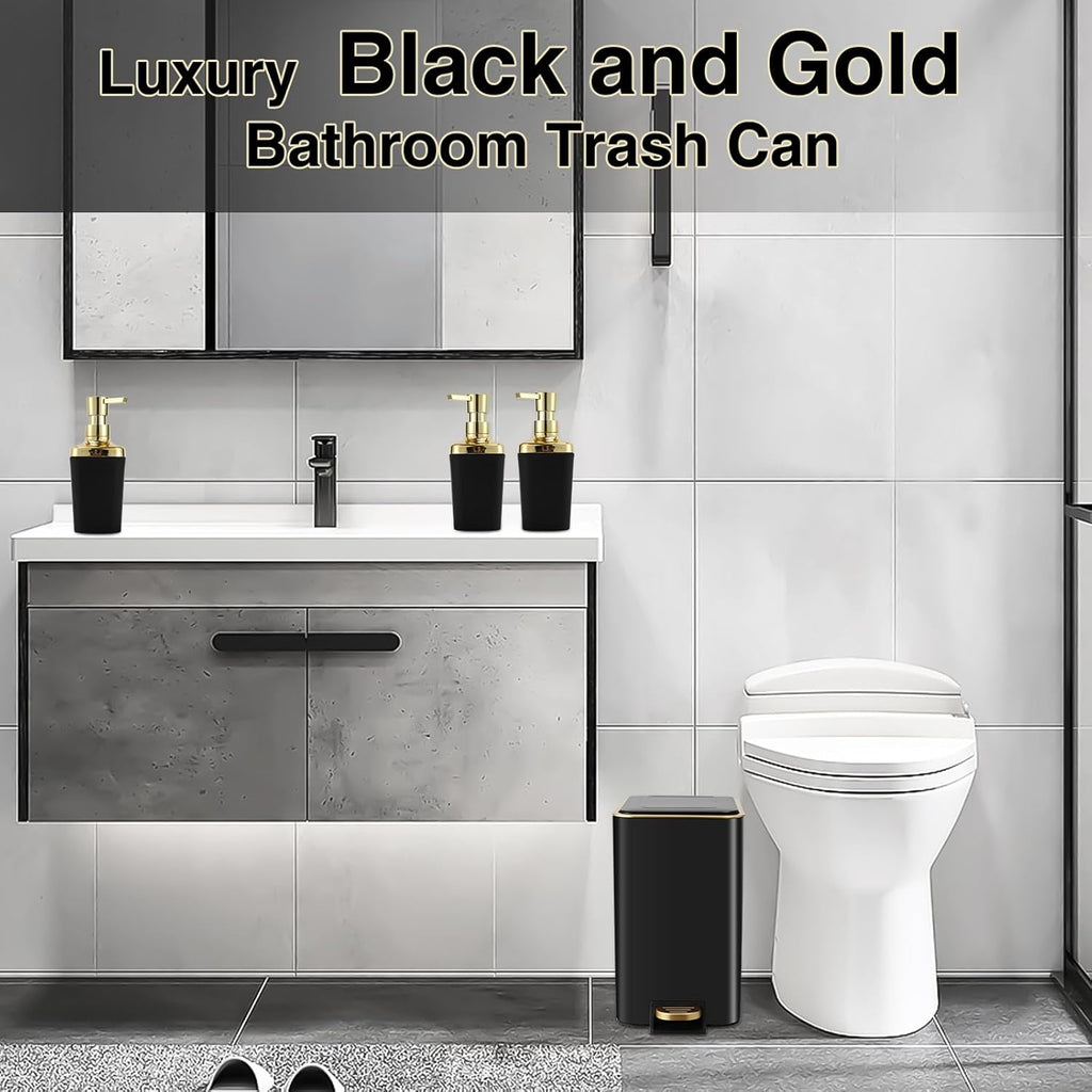 Small Bathroom Trash Can with Lid Soft Close, 1.8 Gallon Stainless Steel Garbage Can with Removable Inner Bucket,3PCS Soap Dispenser,75Count Trash Bag, Slim Step Pedal Trash Bins