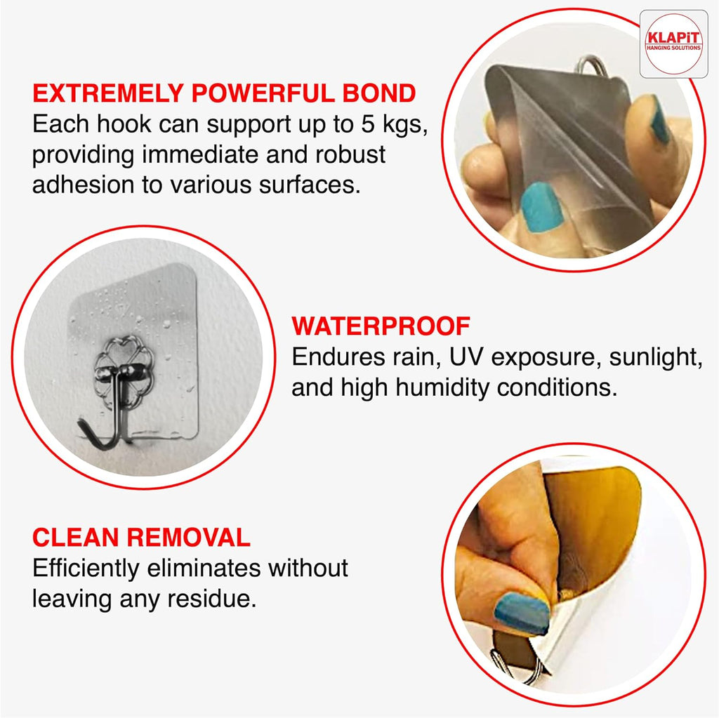KLAPiT Super Hook - Heavy-Duty Adhesive Gold Wall Hooks, Holds Up to 11 lbs, Waterproof, No Damage, Easy Install on Tile, Wood, Stone, Glass & Metal - Made of Steel (Gold, 4pc)