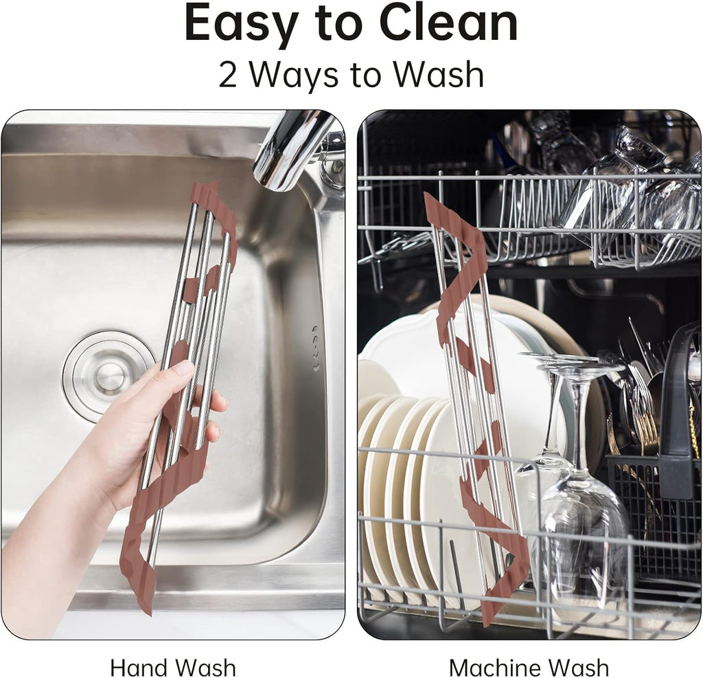 Tomorotec Triangle Roll-Up Dish Drying Rack for Sink Corner Small Foldable Stainless Steel Over The Sink Multipurpose Kitchen Drainer Caddy Trivet Rustproof Storage Shelf (Chocolate Brown)
