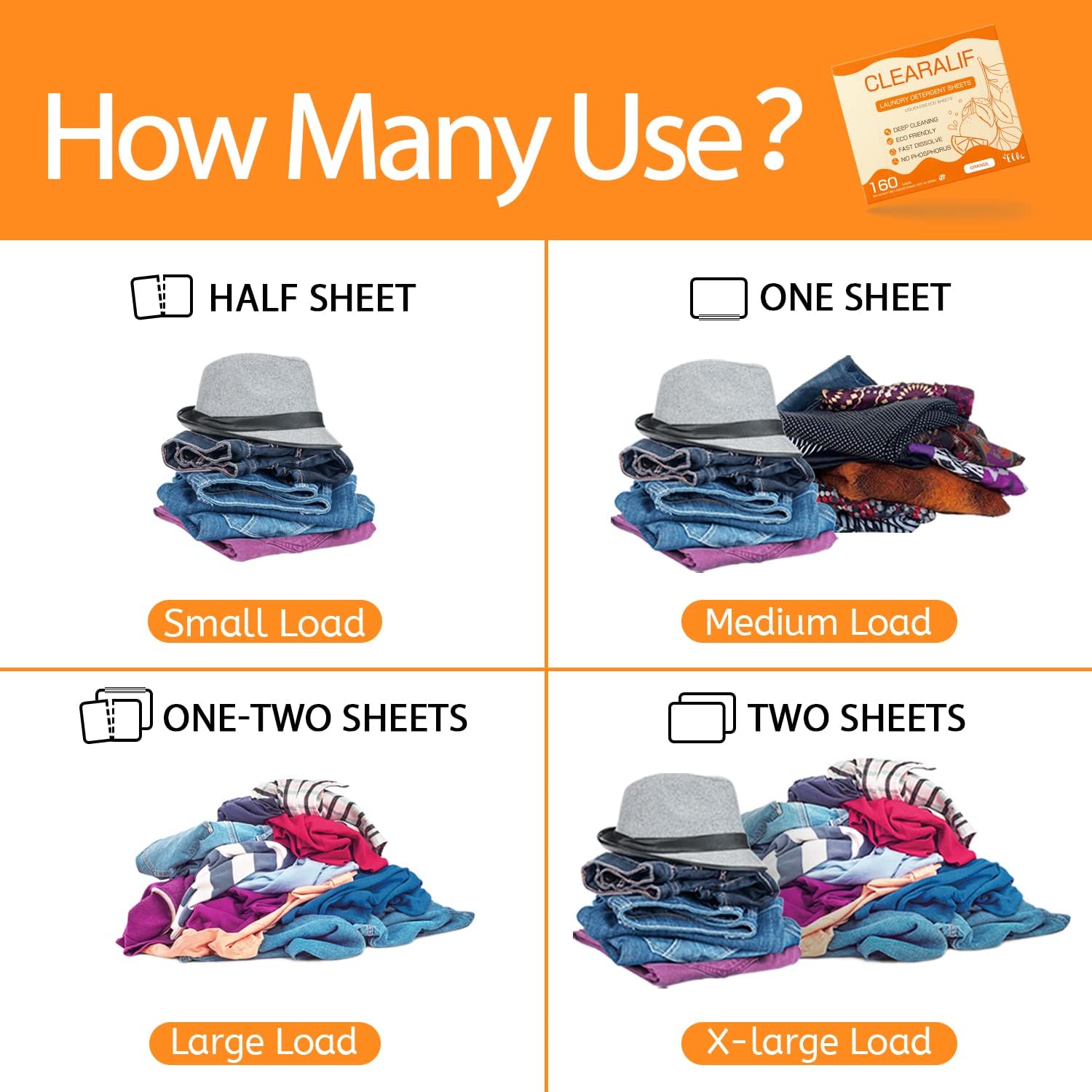 CLEARALIF Laundry Detergent Sheets (320 Loads), Orange,Great For Travel,Apartments, Dorms,CLEARALIF Laundry Detergent Strips Eco Friendly & Hypoallergenic (80 Count, Pack of 2)