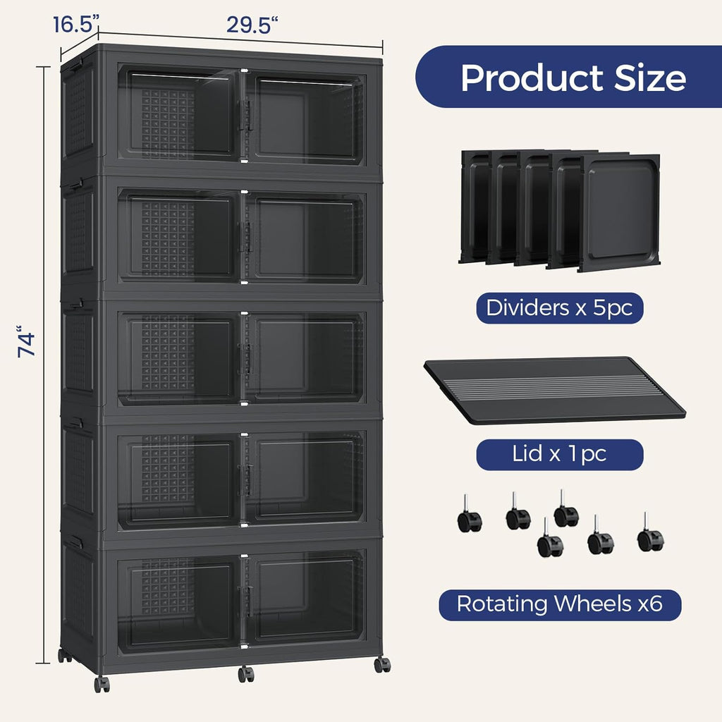 200GAL Storage Bins with Lid and Wheels, Stackable Closet Organizers and Storage Drawer, Collapsible Storage Box with Dividers, Foldable Plastic Cabinets Cubes Totes for Garage, 5 Pack Black