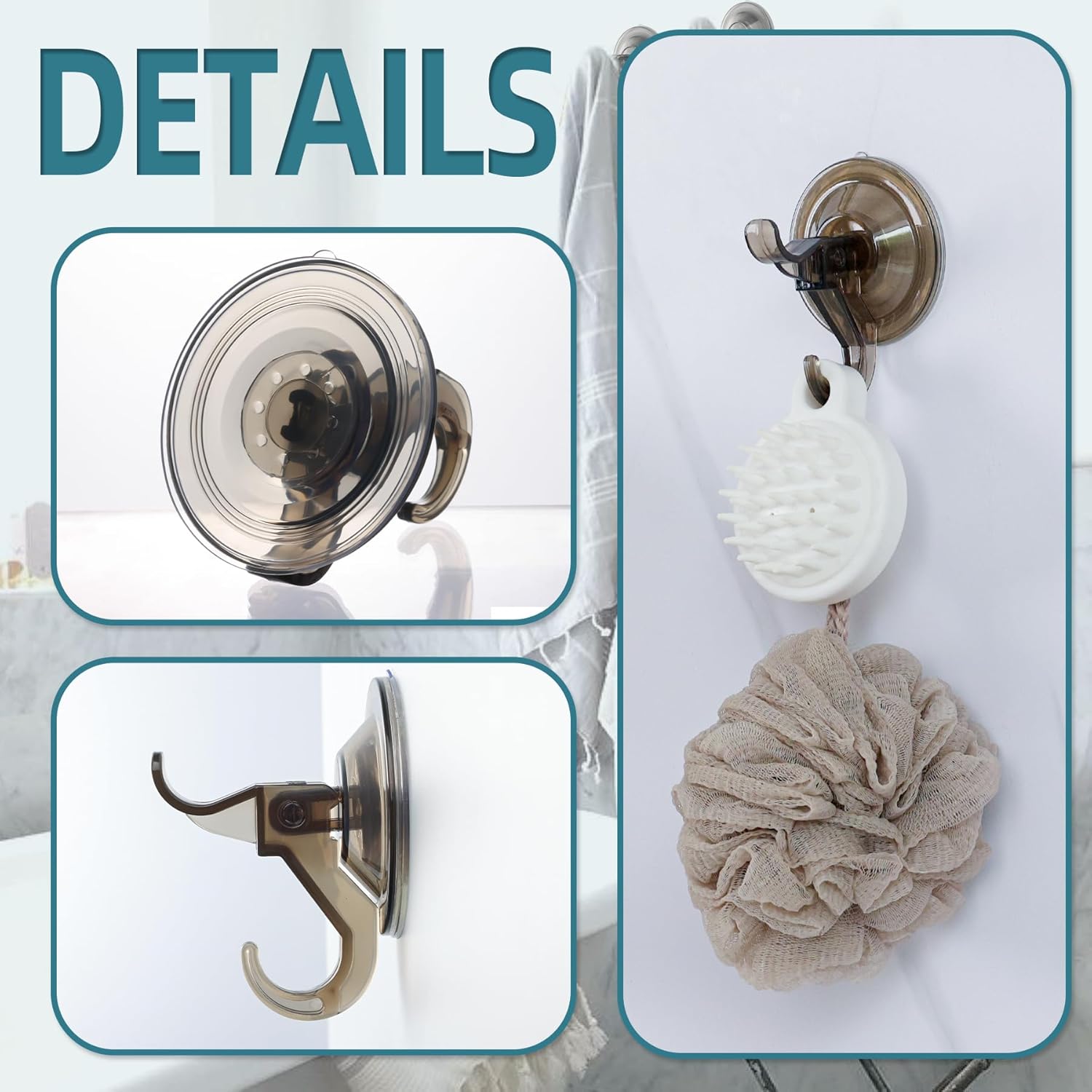 Antimbee 3 Pack Suction Cup Hooks, Clear Suction Hanger, Removable Small Hooks for Shower, Bathroom, Glass, Door, Windows, Kitchen - Up to 11 lbs on Smooth Surface (Transparent Gray)