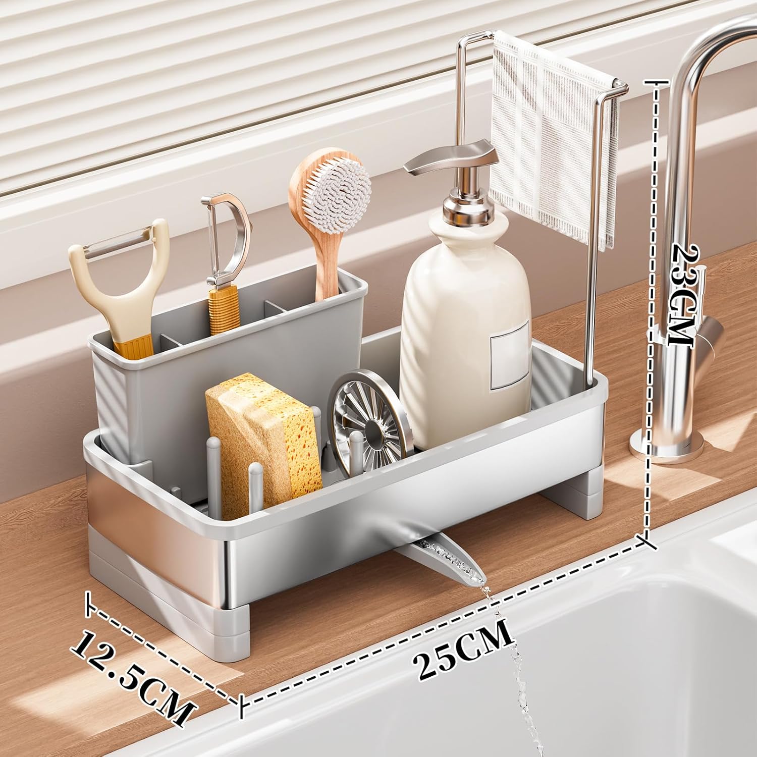 Sponge Holder for Kitchen Sink,Sink Caddy Organizer with Removable Brush Holder,Kitchen Countertop Soap Dispenser Storage with Detachable Towel Rack, Grey