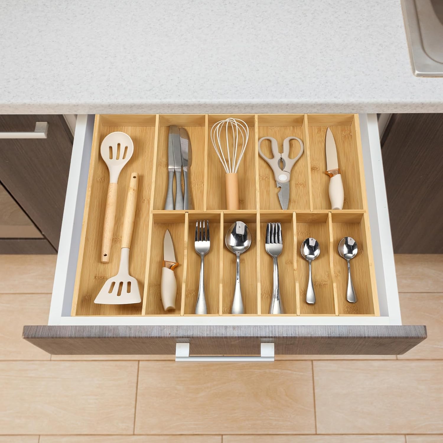 Fabsome Silverware Organizer for Kitchen Drawers, 2.5'' Deep 18.8'' Wide Bamboo Wood Flatware Tray with Deep Slots for Large Cutlery Utensil Drawer