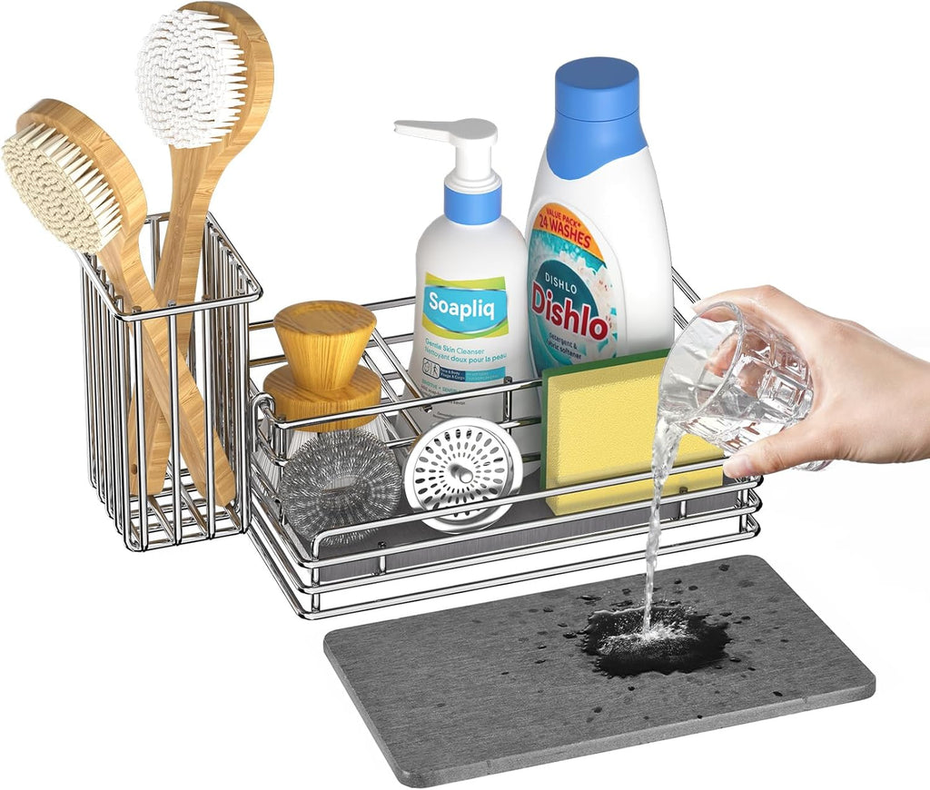 Yofidra Kitchen Sink Caddy with Instant Drying Stone, Metal Stainless Steel Dish Sponge Holder Basket for Sponges, Scrubbers, Soap, 9.5" X 5.5" X 5.7" Sink Box Organizer