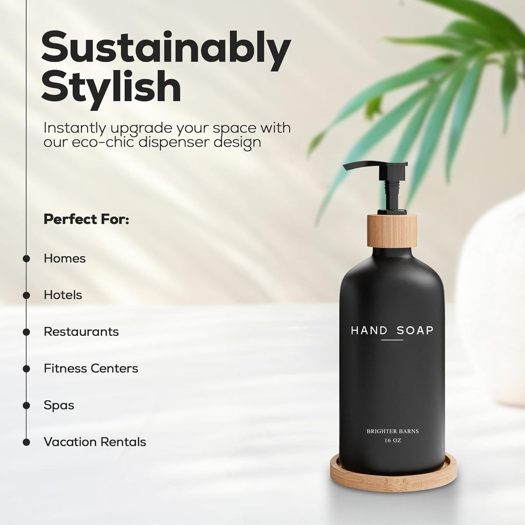 Black Glass Hand Soap Dispenser Bathroom Set by Brighter Barns - Bathroom Soap Dispenser Set with Tray - Glass Pump Bottle - Luxury Bathroom Accessories for Hotel, Vacation Rental, Restaurants (Black)