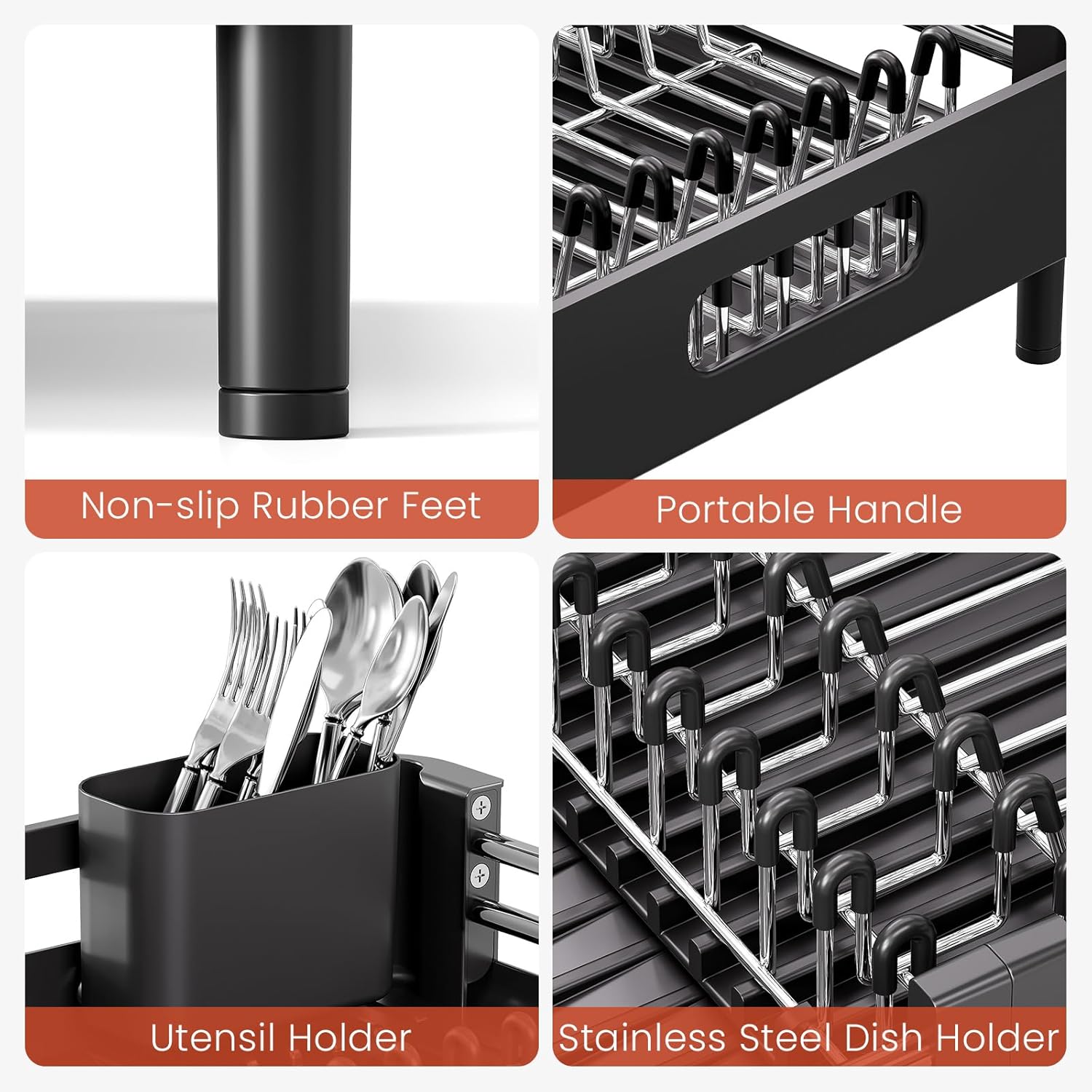 Dish Drying Rack for Kitchen Counter, Extendable Dish Rack with Drainboard, Expandable Dish Drainer, Collapsible Dish Strainer with Cutlery Holder, Foldable Home Countertop Plate Storage Rack, Black