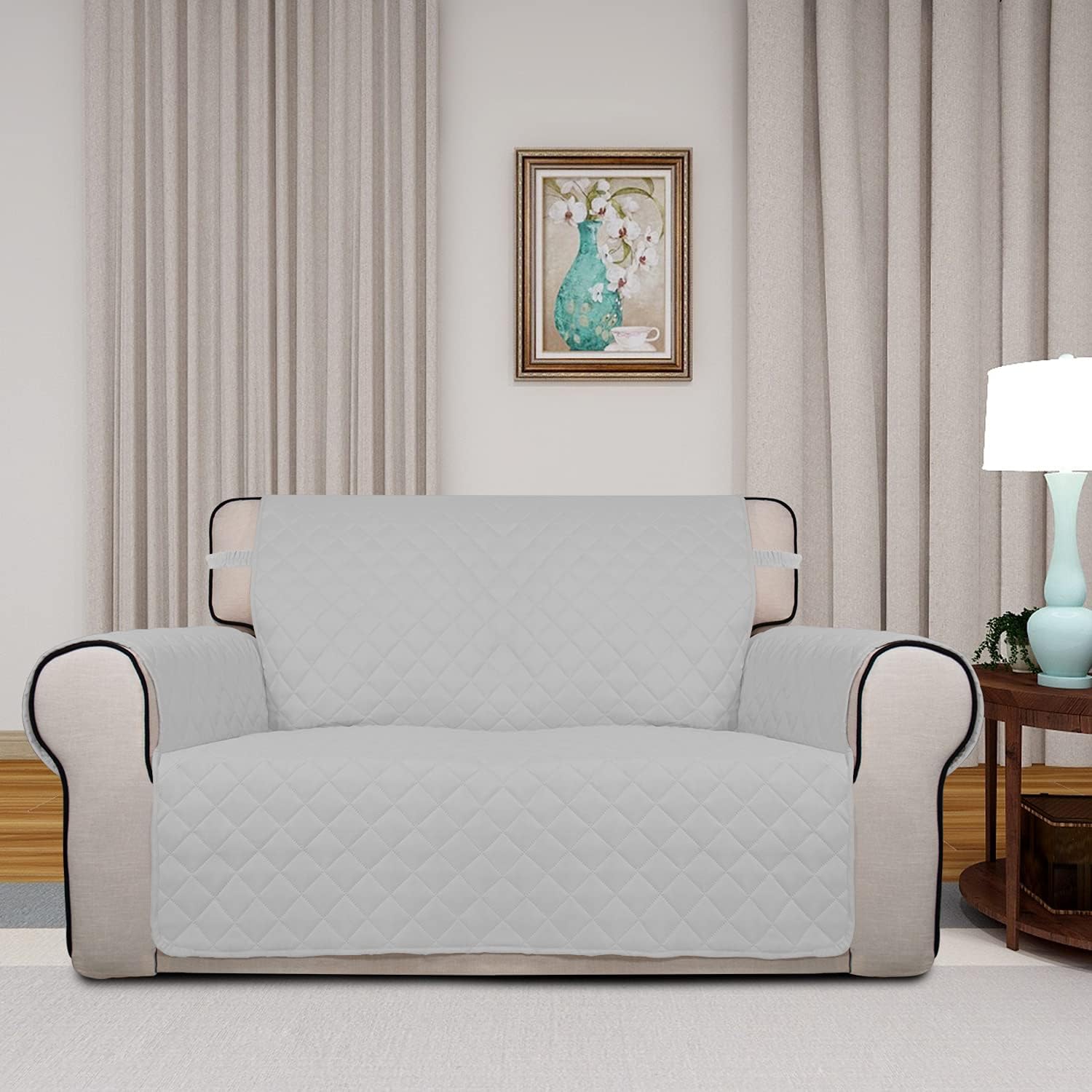 PureFit Reversible Quilted Sofa Cover, Water Resistant Slipcover Furniture Protector, Washable Couch Cover with Non Slip and Elastic Straps for Kids, Pets (Loveseat, Light Gray/Ivory)