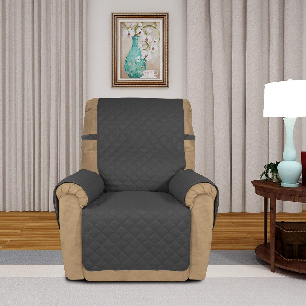 PureFit Reversible Quilted Sofa Cover, Water Resistant Slipcover Furniture Protector, Washable Couch Cover with Non Slip and Elastic Straps for Kids, Dogs, Pets (Small Recliner, Dark Gray/Beige)