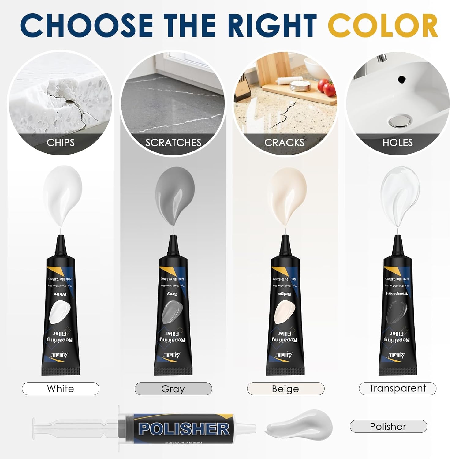 Quartz Countertop Repair Kit, Granite & Marble Repair Kit with 4*15g Filler(White,Beige, Gray,Clear), 30s Fast Repair Chip, Hole, Scratch, Crack on Fiberglass, Porcelain, Ceramic Tile, Bath Tub, Sink