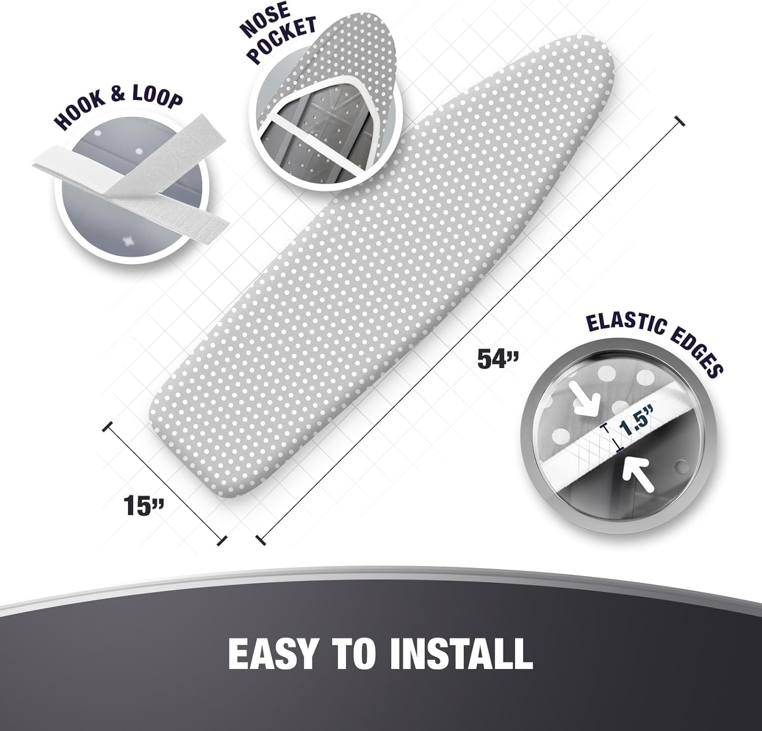 Extra Thick Ironing Board Covers with Pad Standard Size 15x54, Heat Reflective Full Scorch Resistant Padding, Snug Fit Non-Slip Nose Pocket Fastener Straps Elastic Edges, Gray Spotted