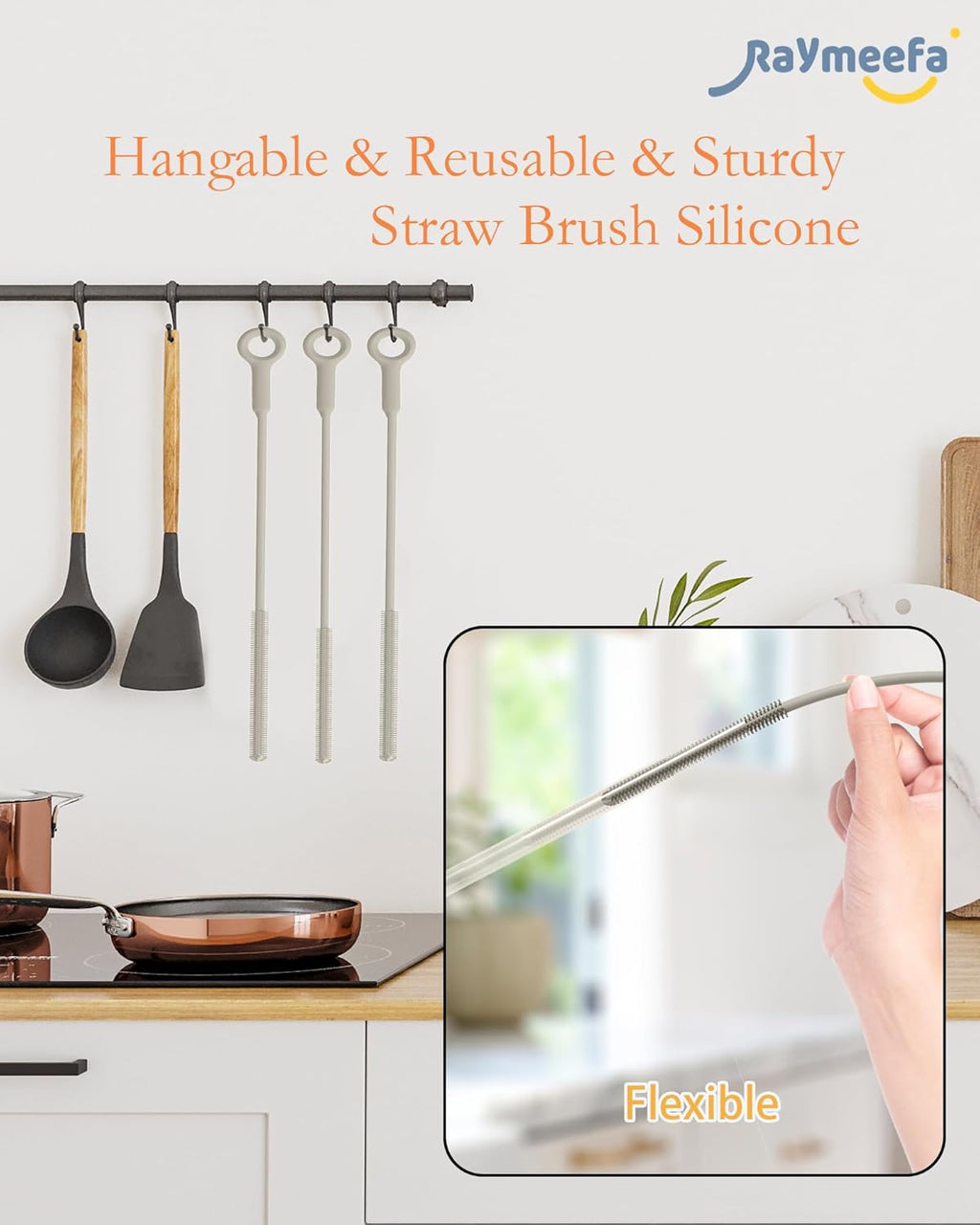 Extra Long Straw Cleaner Brush,Reusable and Soft Silicone Straw Cleaning Brush to Clean Crevice(Khaki)